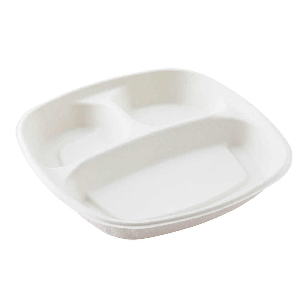 Pulp Tek 15 oz Square White Sugarcane / Bagasse Salad Plate - 3 Compartments - 8 3/4" x 8 3/4" x 1 1/4" - 100 count box