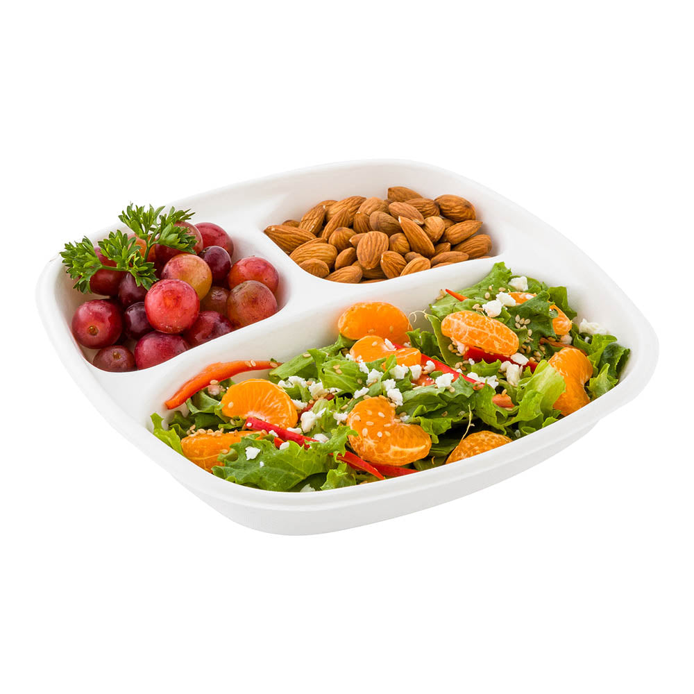 Pulp Tek 15 oz Square White Sugarcane / Bagasse Salad Plate - 3 Compartments - 8 3/4" x 8 3/4" x 1 1/4" - 100 count box