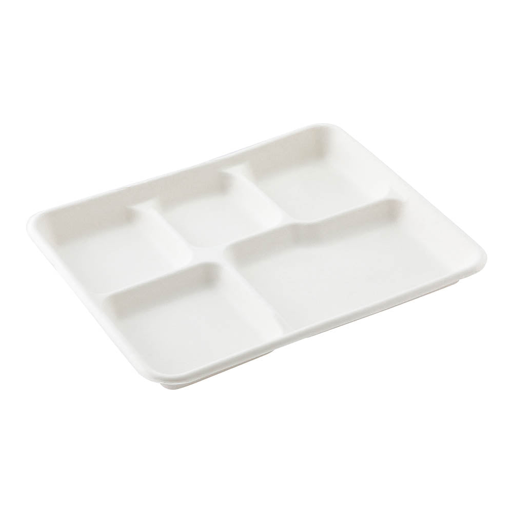 Pulp Tek Rectangle White Sugarcane / Bagasse Food Tray - 5 Compartments - 10 1/2" x 8 1/2" x 1" - 100 count box