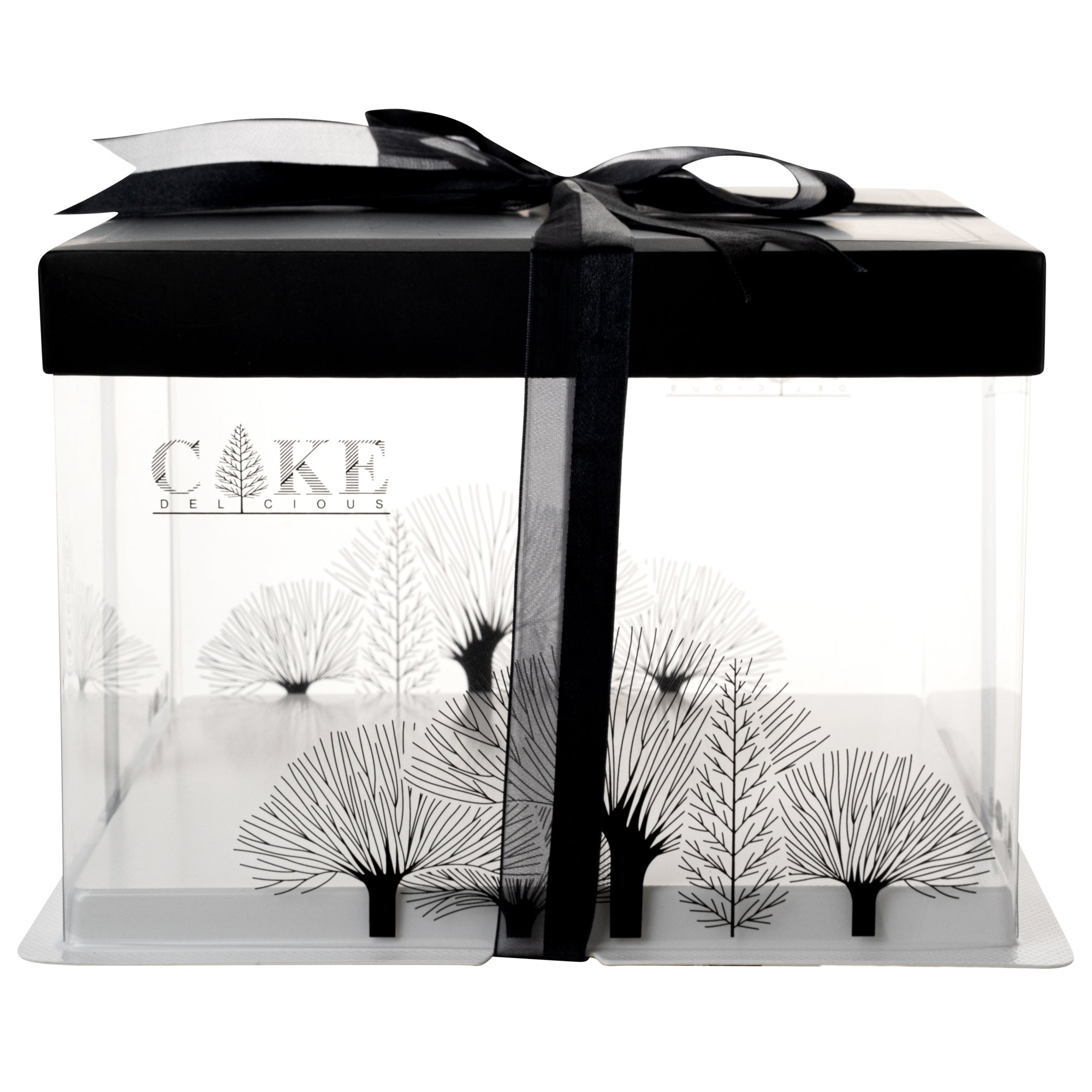 Sweet Vision Square Clear Plastic Cake Box - Black Lid and White Base, Black Ribbon, Tree Accent - 8 1/2" x 8 1/2" x 6 3/4" - 10 count box