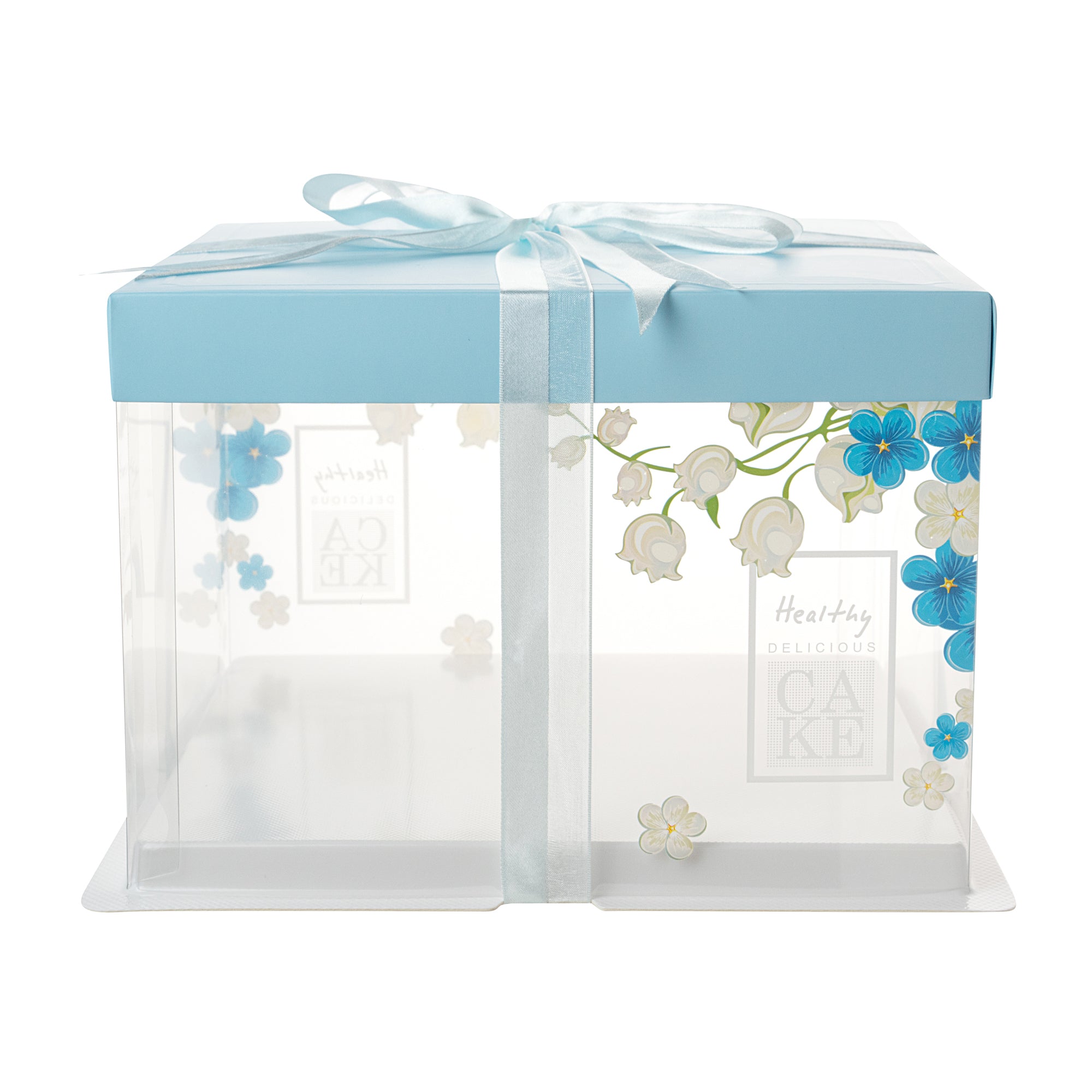 Sweet Vision Square Clear Plastic Cake Box - Blue Lid and White Base, Blue Ribbon, Flower Accent - 8 1/2" x 8 1/2" x 6 3/4" - 10 count box