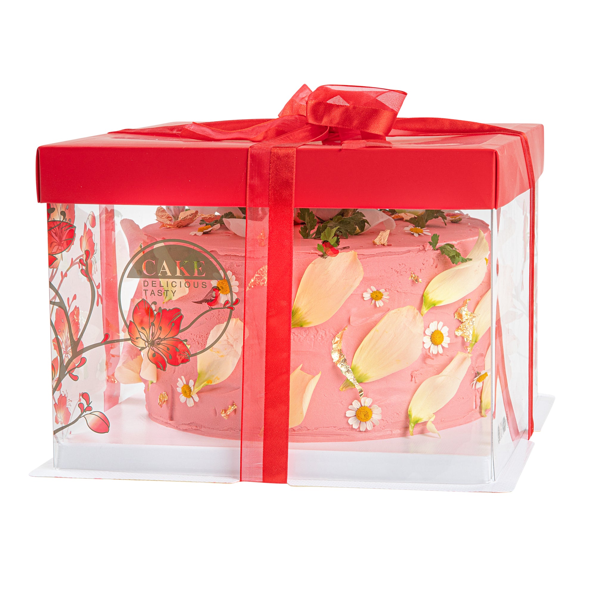 Sweet Vision Square Clear Plastic Cake Box - Red Lid / Ribbon, White Base, Flower / Bird Accent - 8 1/2" x 8 1/2" x 6 3/4" - 10 count box