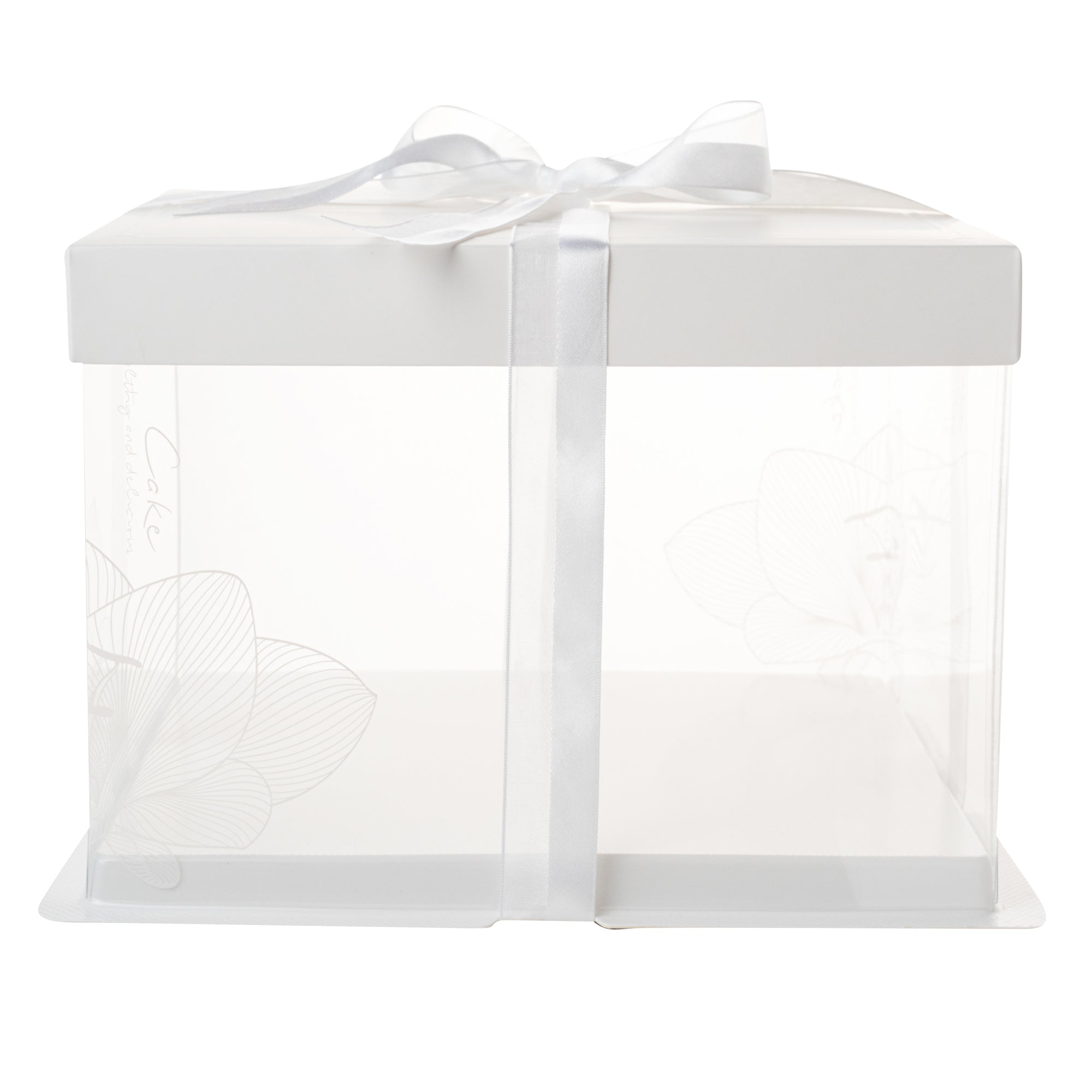 Sweet Vision Square Clear Plastic Cake Box - White Lid and White Base, Gray Ribbon, Lotus Accent - 8 1/2" x 8 1/2" x 6 3/4" - 10 count box