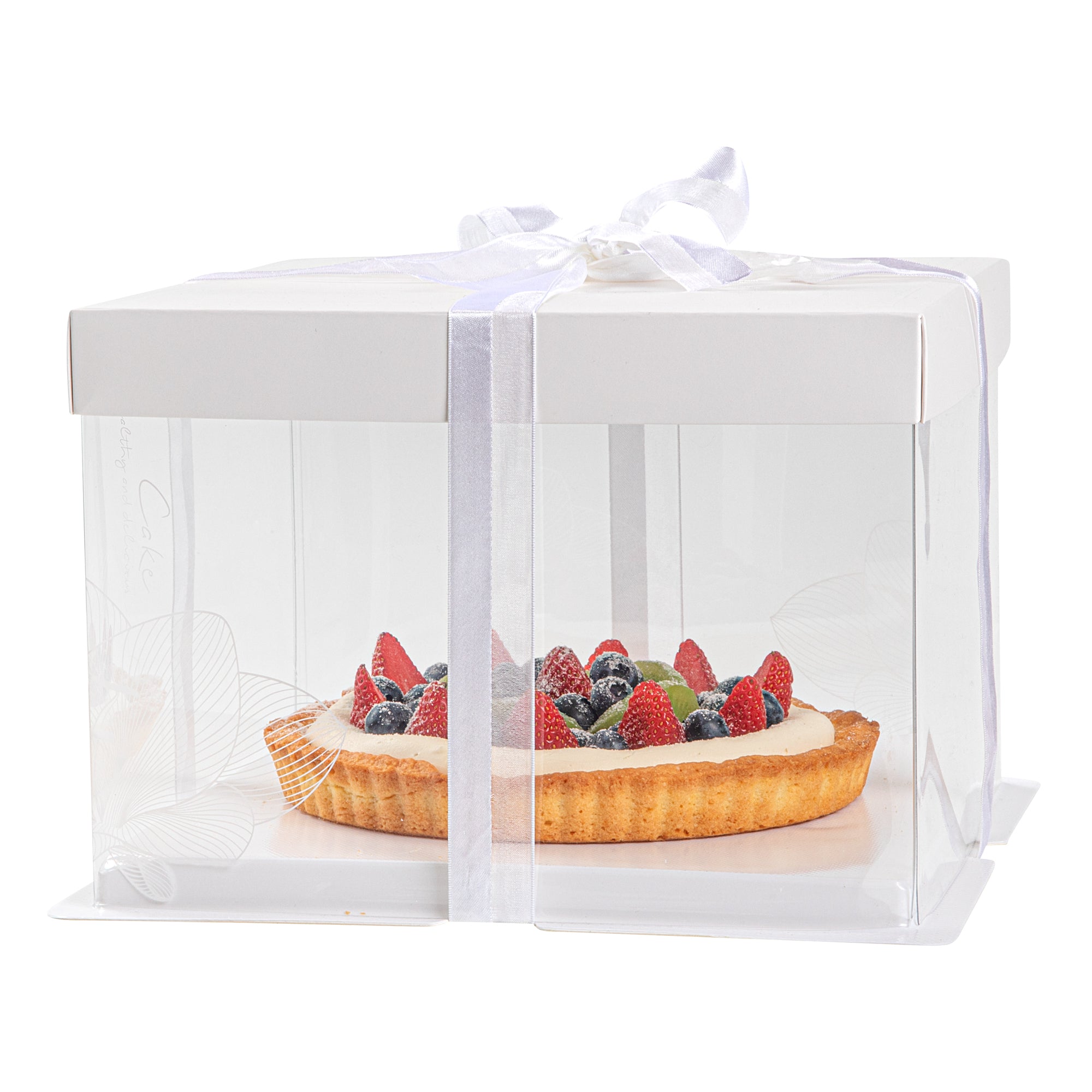 Sweet Vision Square Clear Plastic Cake Box - White Lid and White Base, Gray Ribbon, Lotus Accent - 8 1/2" x 8 1/2" x 6 3/4" - 10 count box