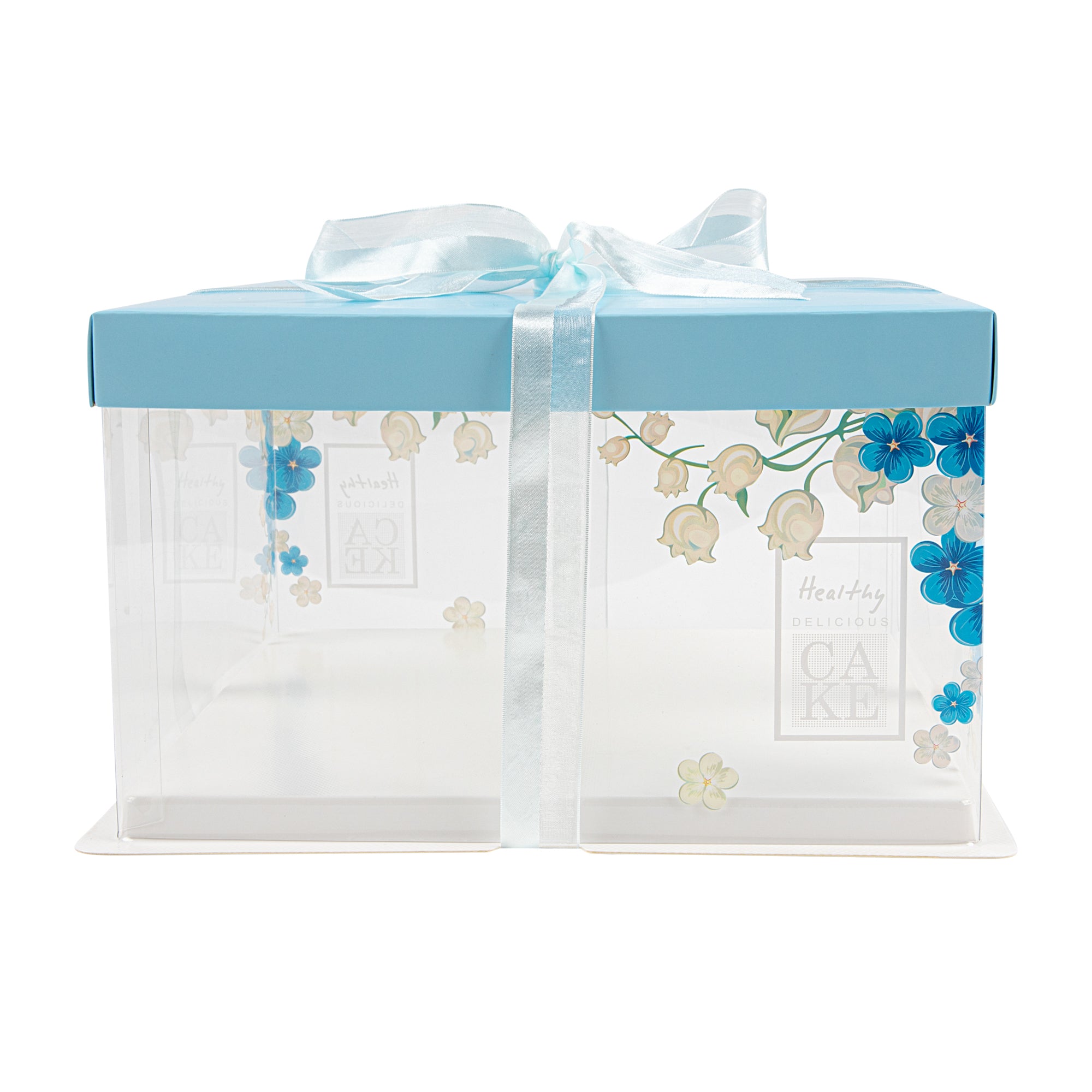 Sweet Vision Square Clear Plastic Cake Box - Blue Lid and White Base, Blue Ribbon, Flower Accent - 10" x 10" x 8 1/4" - 10 count box