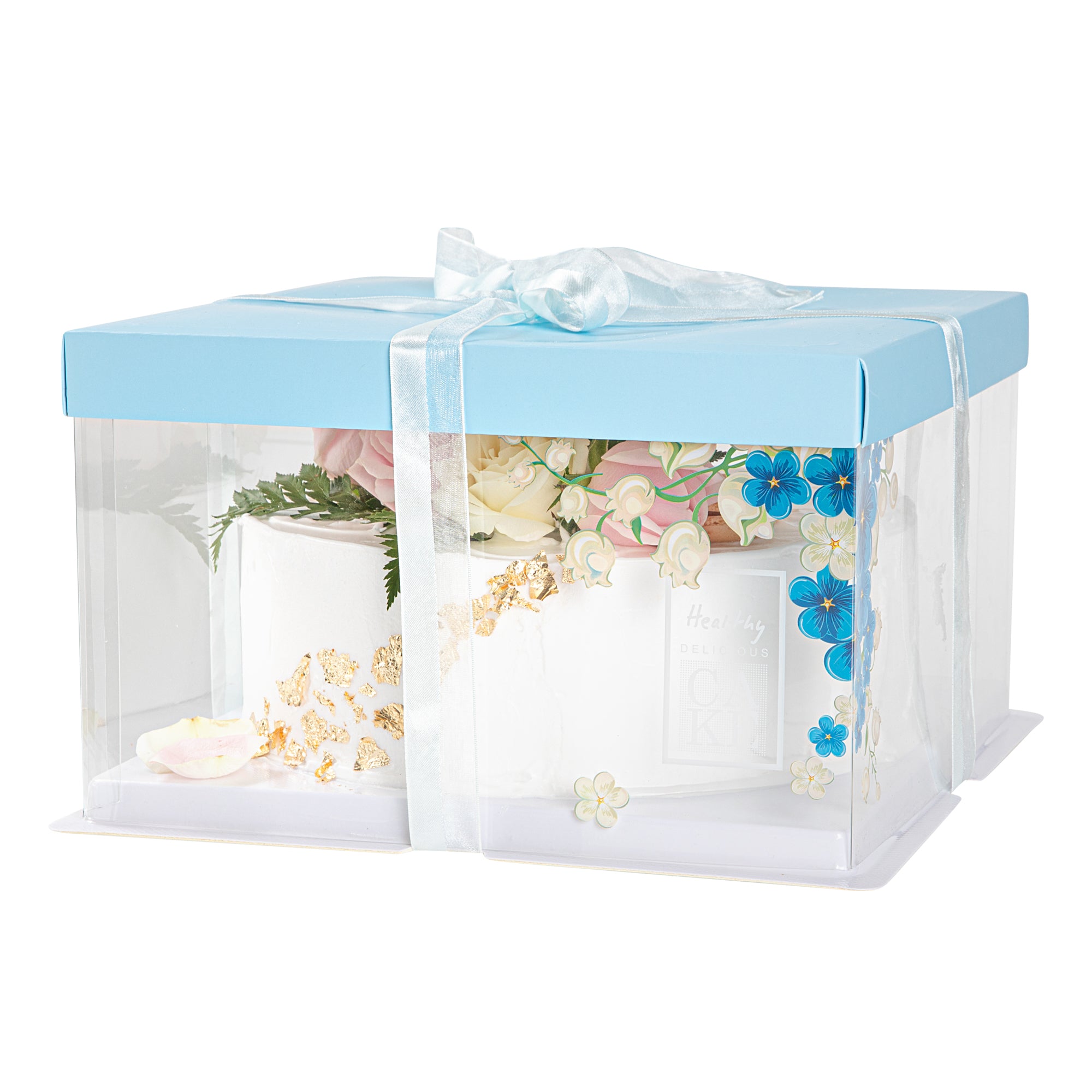 Sweet Vision Square Clear Plastic Cake Box - Blue Lid and White Base, Blue Ribbon, Flower Accent - 10" x 10" x 8 1/4" - 10 count box