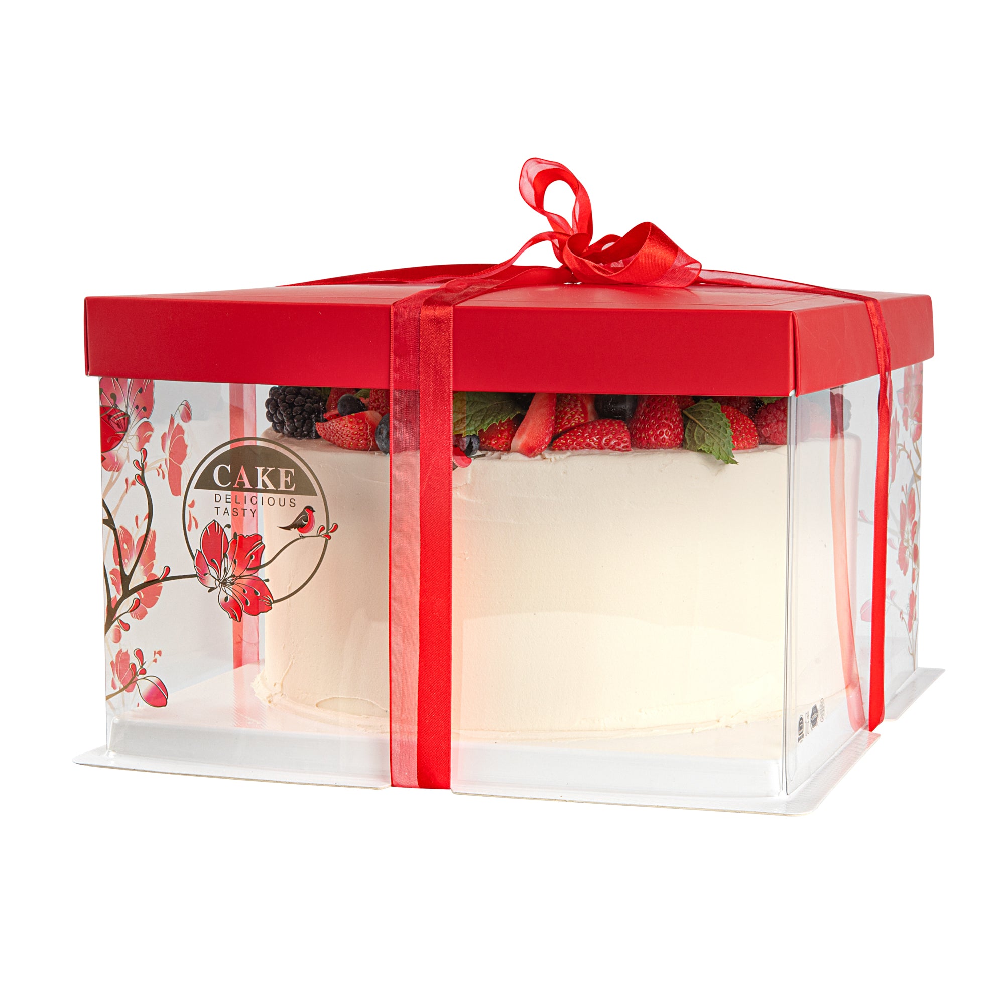 Sweet Vision Square Clear Plastic Cake Box - Red Lid and White Base, Red Ribbon, Flower / Bird Accent - 10" x 10" x 8 1/4" - 10 count box