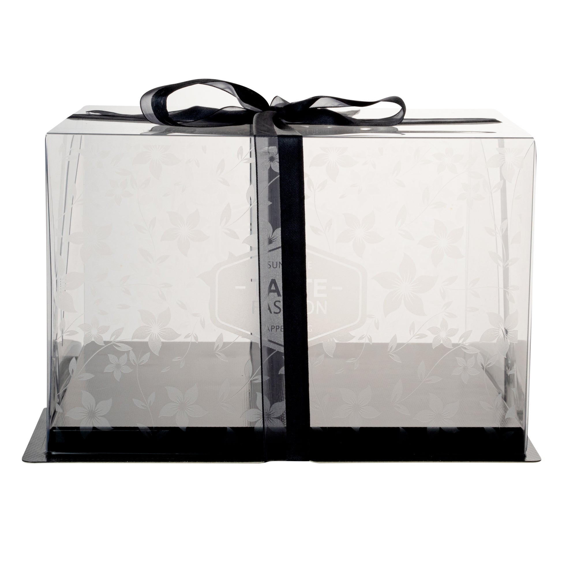 Sweet Vision Square Clear Plastic Cake Box - Black Base, Black Ribbon, Flower Garden Design - 10" x 10" x 6 3/4" - 10 count box