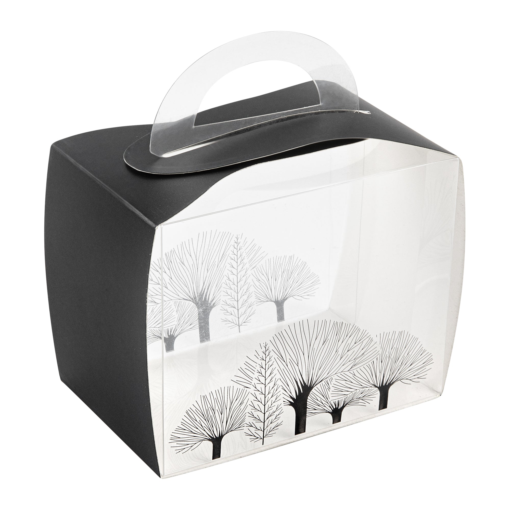 Sweet Vision Rectangle Clear Plastic Cupcake Box - with Handle, Black Paper Wrap, Tree Accent - 5" x 3 1/4" x 4" - 100 count box