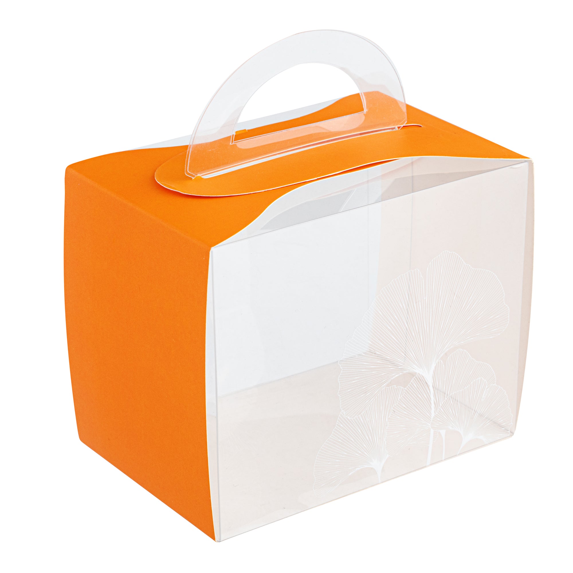 Sweet Vision Rectangle Clear Plastic Cupcake Box - with Handle, Orange Paper Wrap, Leaf Accent - 5" x 3 1/4" x 4" - 100 count box