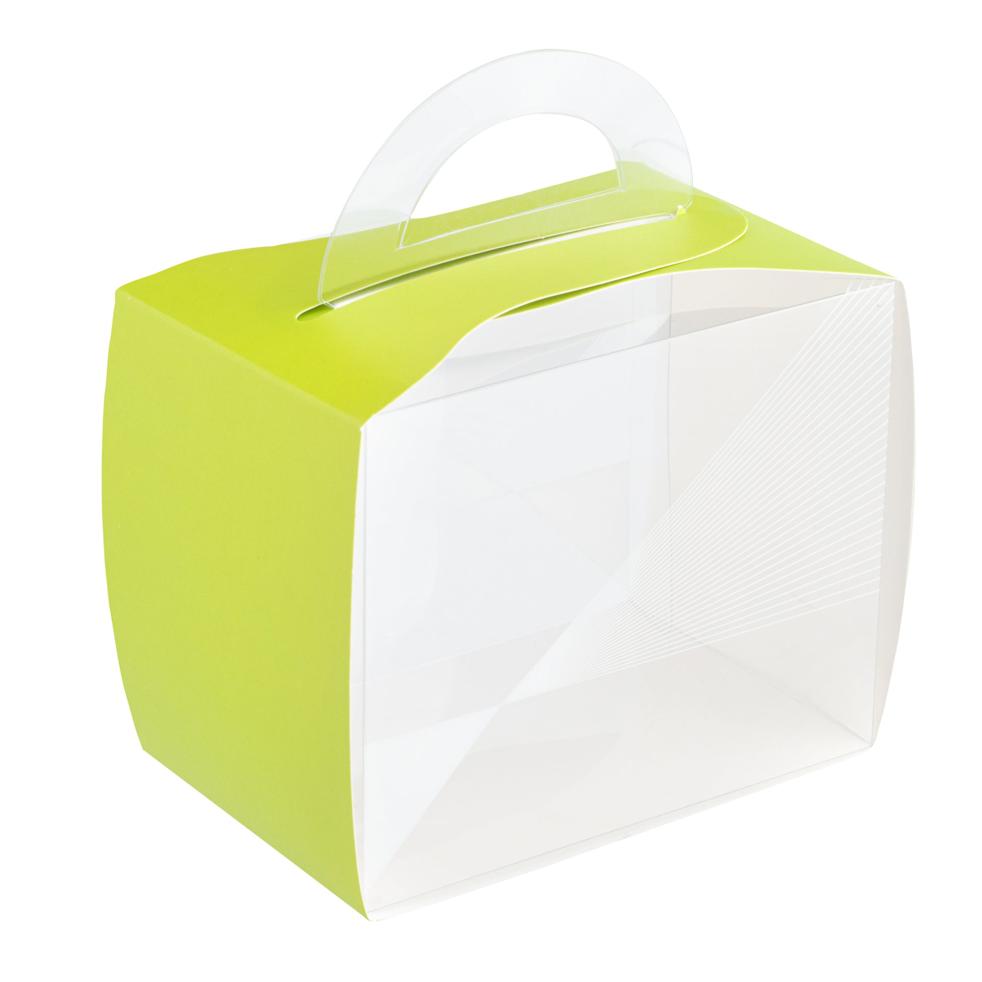 Sweet Vision Rectangle Clear Plastic Cupcake Box - with Handle, Yellow Paper Wrap, Geometric Line Accent - 5" x 3 1/4" x 4" - 100 count box