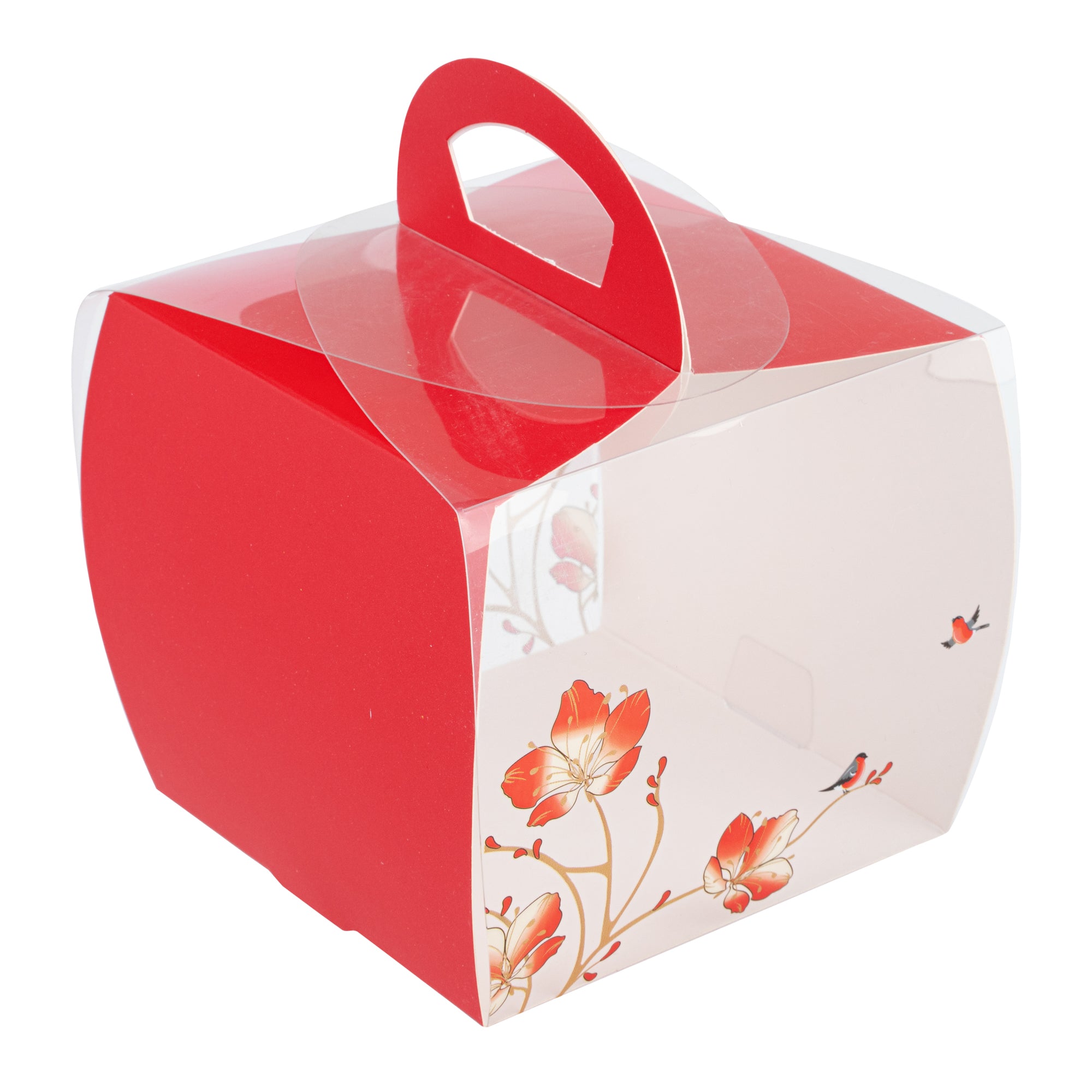 Sweet Vision Square Clear Plastic Cupcake Box - with Handle, Red Paper Wrap, Flower / Bird Accent - 4" x 4" x 4 1/4" - 100 count box