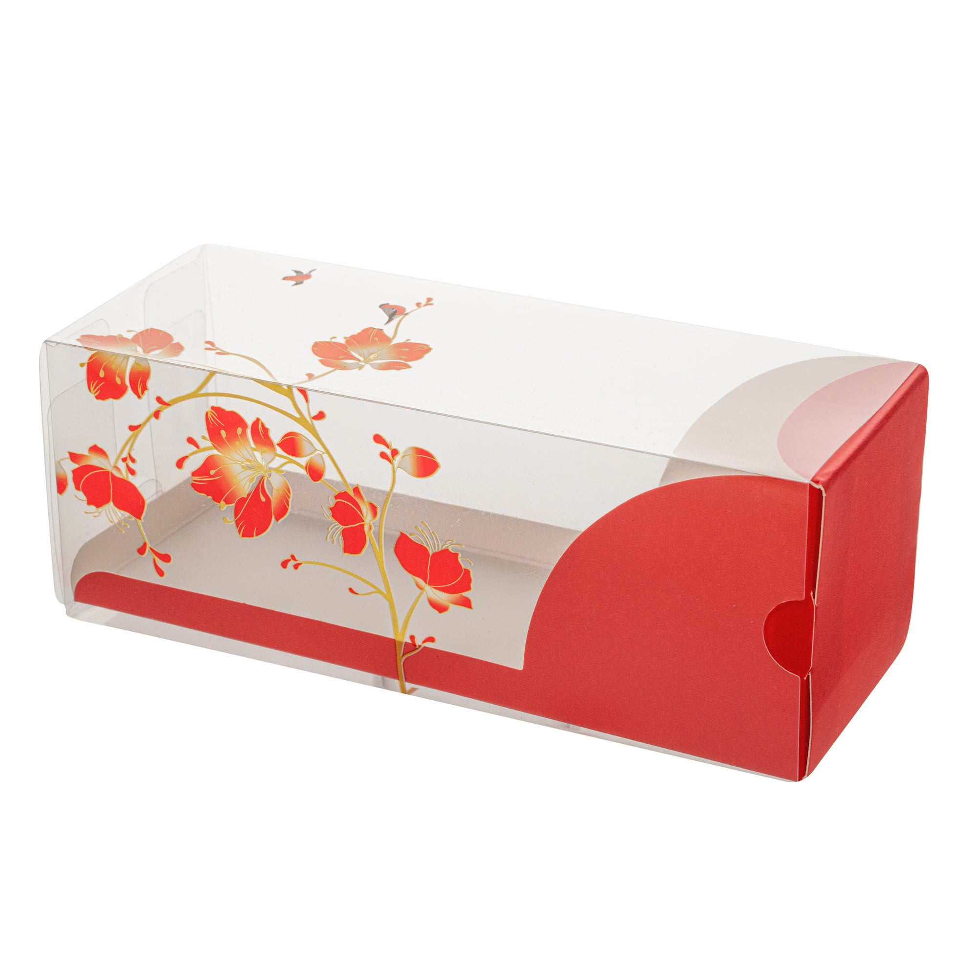 Sweet Vision Rectangle Clear Plastic Eclair Box - Red Paper Sleeve, Flower / Bird Accent - 7" x 2 1/2" x 2 1/2" - 100 count box