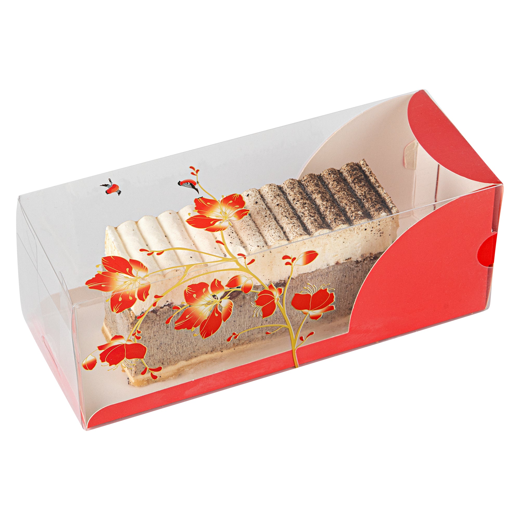 Sweet Vision Rectangle Clear Plastic Eclair Box - Red Paper Sleeve, Flower / Bird Accent - 7" x 2 1/2" x 2 1/2" - 100 count box