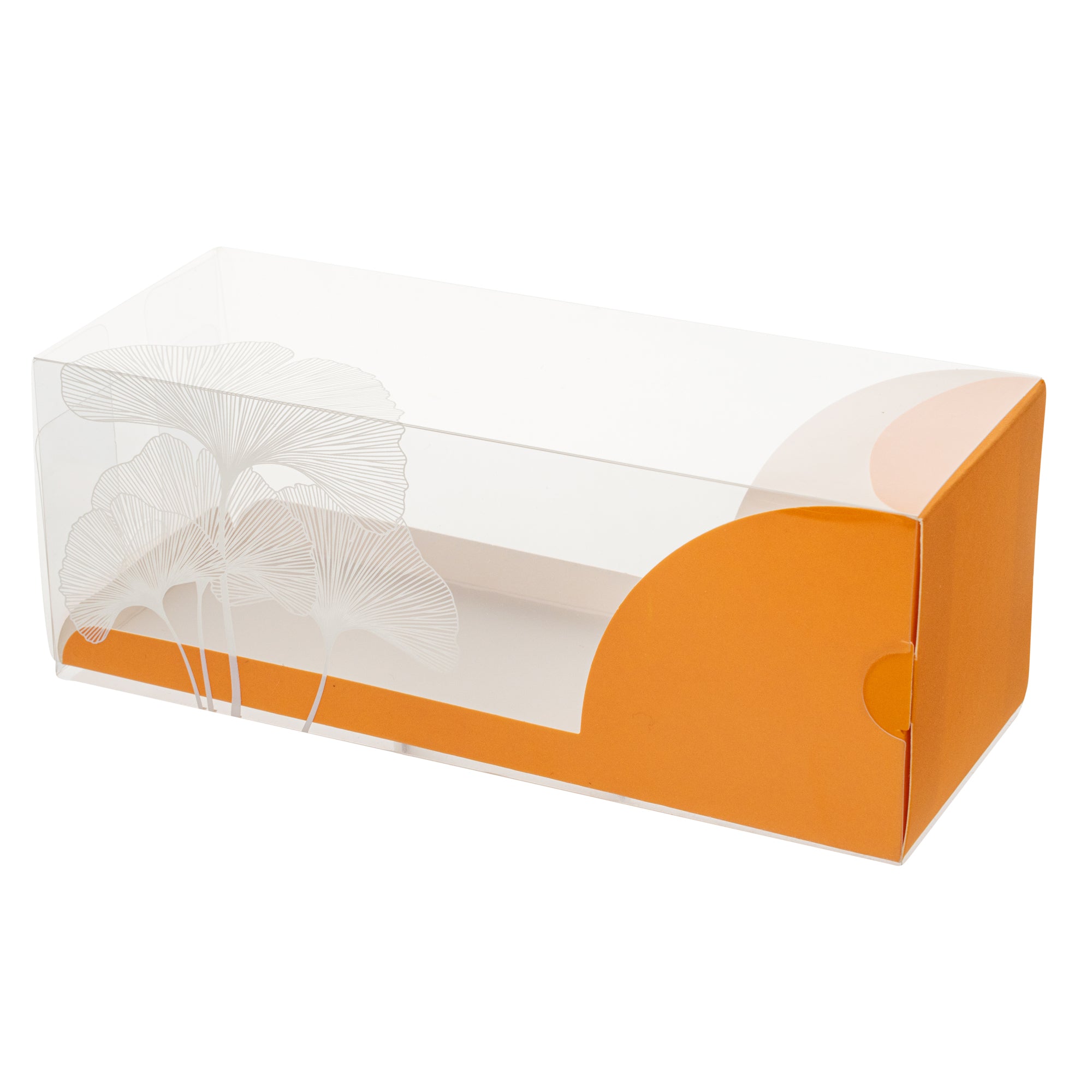 Sweet Vision Rectangle Clear Plastic Eclair Box - Orange Paper Sleeve, Leaf Accent - 7" x 2 1/2" x 2 1/2" - 100 count box