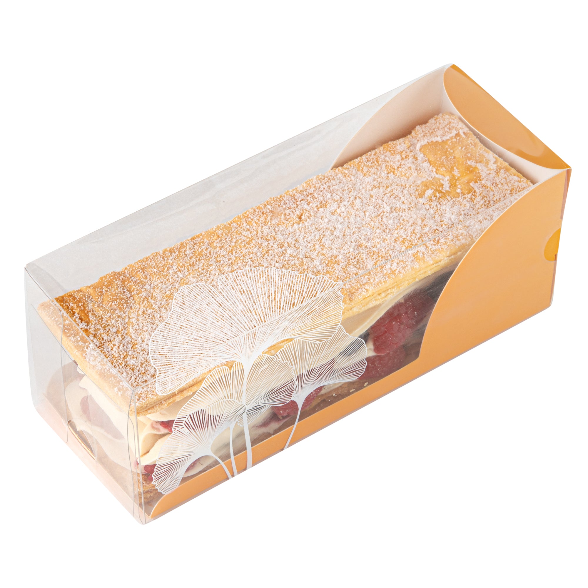 Sweet Vision Rectangle Clear Plastic Eclair Box - Orange Paper Sleeve, Leaf Accent - 7" x 2 1/2" x 2 1/2" - 100 count box