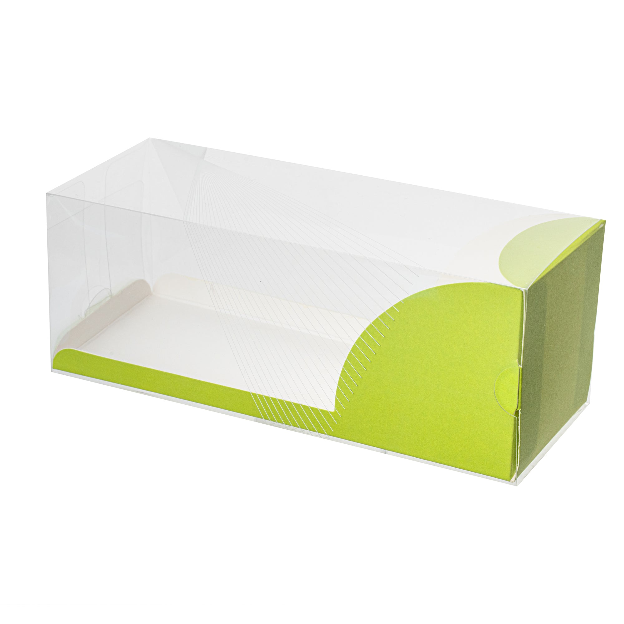 Sweet Vision Rectangle Clear Plastic Eclair Box - Green Paper Sleeve, Geometric Line Accent - 7" x 2 1/2" x 2 1/2" - 100 count box