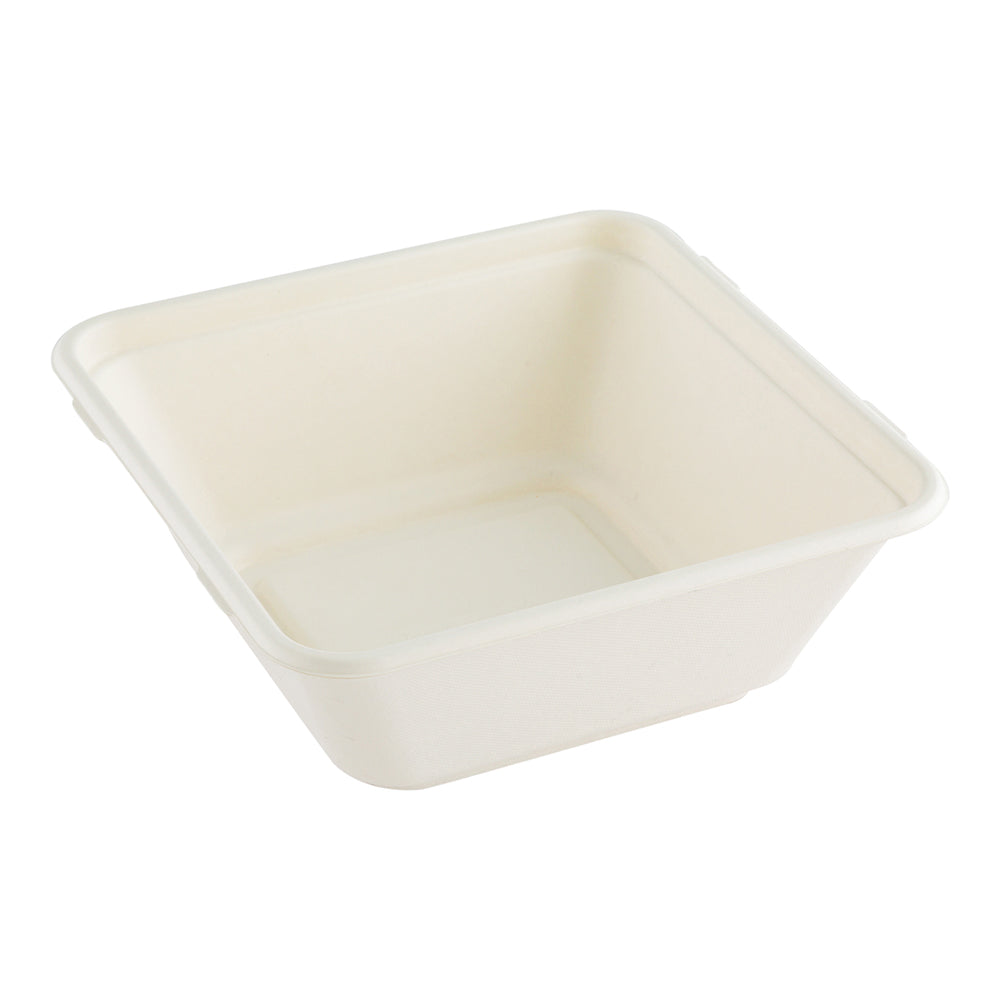 Pulp Safe No PFAS Added 80 oz Square White Sugarcane / Bagasse Serving Bowl - Home Compostable - 8 1/2" x 8 1/2" x 3 1/2" - 100 count box