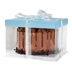 Sweet Vision Square Clear Plastic Cake Box - Blue Lid and White Base, Blue Ribbon - 8 1/2