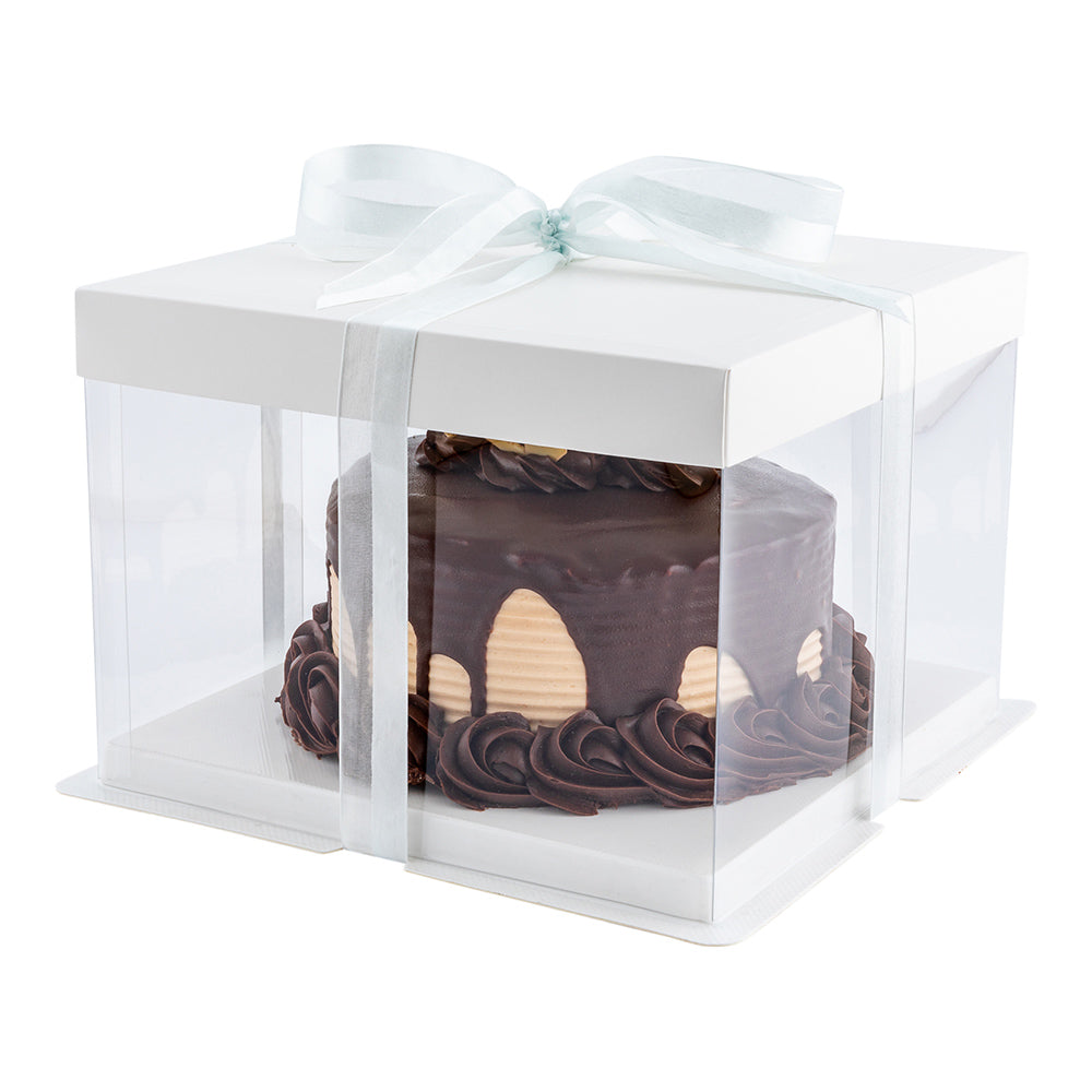 Sweet Vision Square Clear Plastic Cake Box - White Lid and White Base, Gray Ribbon - 8 1/2" x 8 1/2" x 6 3/4" - 10 count box