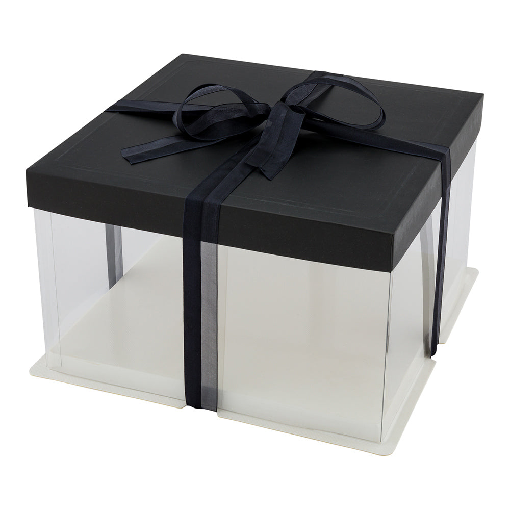 Sweet Vision Square Clear Plastic Cake Box - Black Lid and White Base, Black Ribbon - 10" x 10" x 8 1/4" - 10 count box