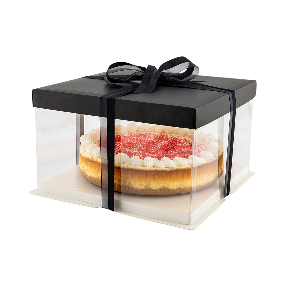 Sweet Vision Square Clear Plastic Cake Box - Black Lid and White Base, Black Ribbon - 10" x 10" x 8 1/4" - 10 count box