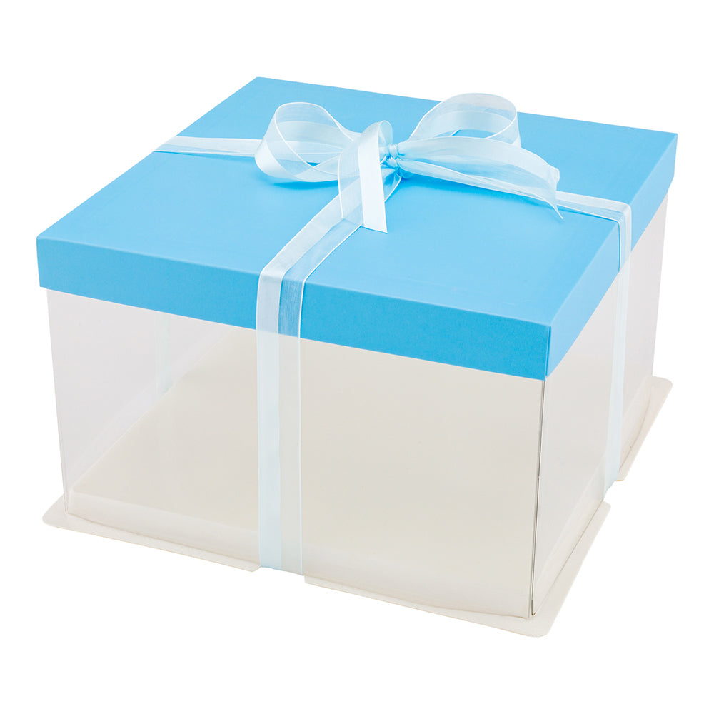 Sweet Vision Square Clear Plastic Cake Box - Blue Lid and White Base, Blue Ribbon - 10" x 10" x 8 1/4" - 10 count box