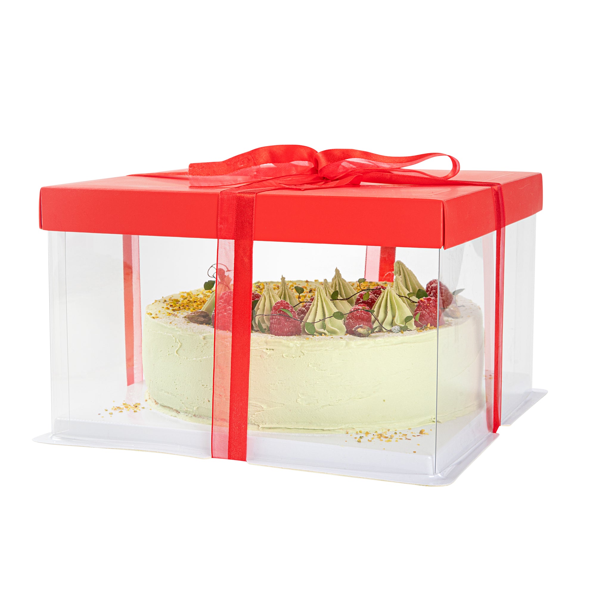 Sweet Vision Square Clear Plastic Cake Box - Red Lid and White Base, Red Ribbon - 10" x 10" x 8 1/4" - 10 count box