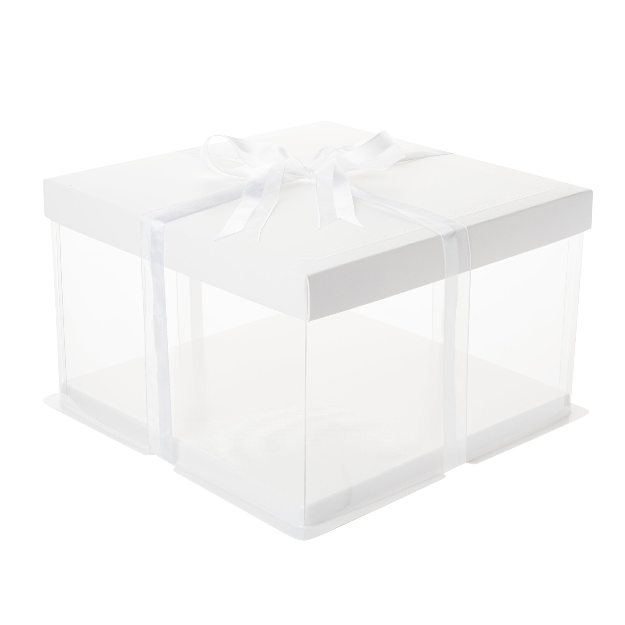 Sweet Vision Square Clear Plastic Cake Box - White Lid and White Base, Gray Ribbon - 10" x 10" x 8 1/4" - 10 count box