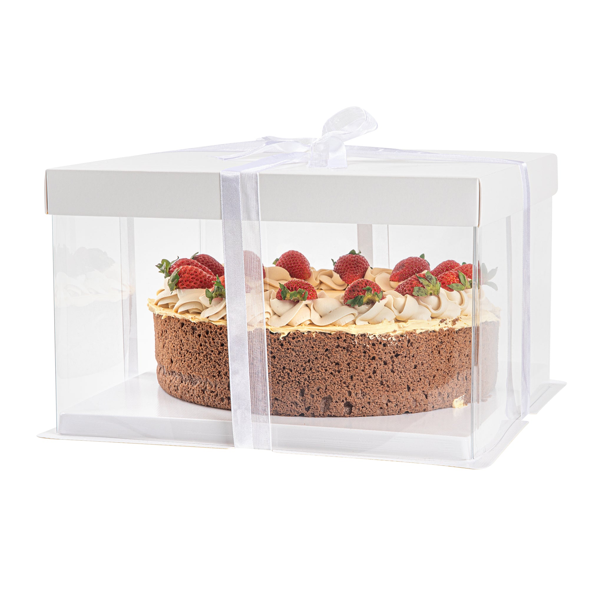 Sweet Vision Square Clear Plastic Cake Box - White Lid and White Base, Gray Ribbon - 10" x 10" x 8 1/4" - 10 count box