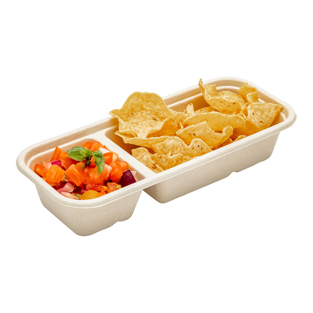 Pulp Tek 17 oz Rectangle Natural Sugarcane / Bagasse Catering Container - 2-Compartment - 9 1/4" x 3 3/4" x 1 3/4" - 100 count box