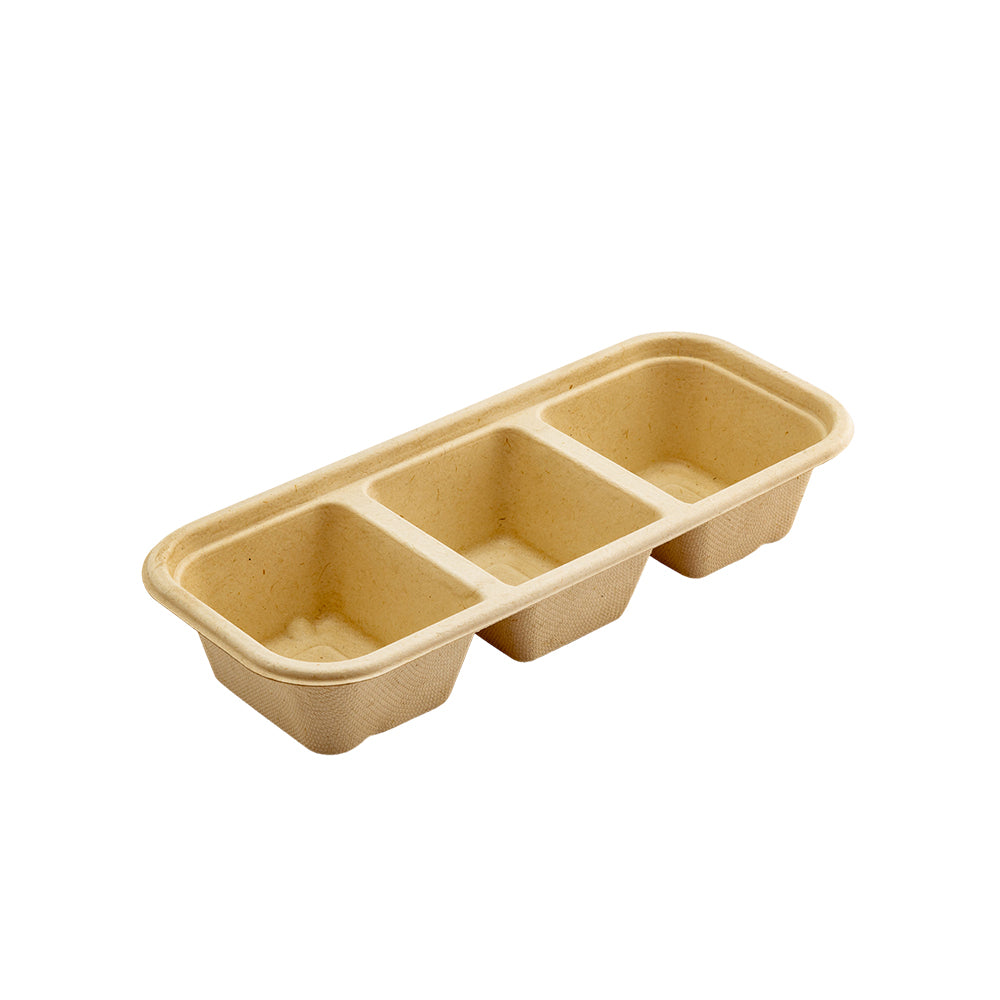 Pulp Tek 17 oz Rectangle Natural Sugarcane / Bagasse Catering Container - 3-Compartment - 9 1/4" x 3 3/4" x 1 3/4" - 100 count box