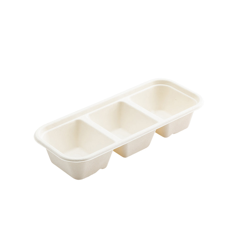 Pulp Tek 17 oz Rectangle White Sugarcane / Bagasse Catering Container - 3-Compartment - 9 1/4" x 3 3/4" x 1 3/4" - 100 count box