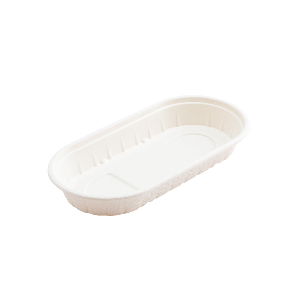 Pulp Tek 17 oz Oval White Sugarcane / Bagasse Take Out Container - 9 1/2" x 4 3/4" x 1 1/4" - 100 count box