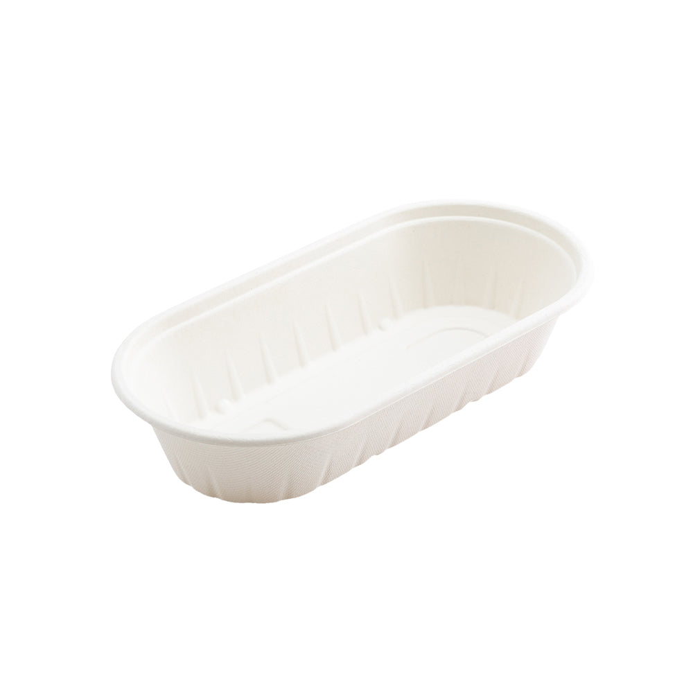 Pulp Tek 27 oz Oval White Sugarcane / Bagasse Take Out Container - 9 1/2" x 4 3/4" x 2" - 100 count box