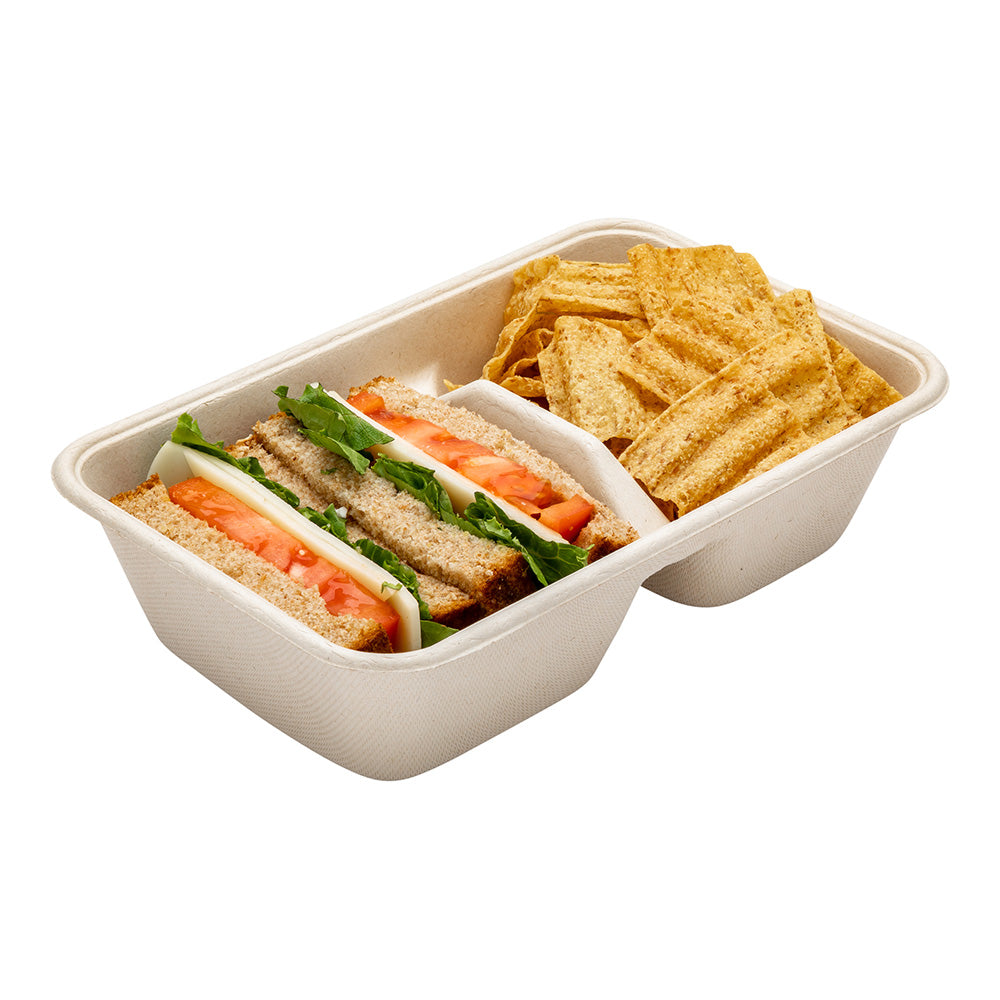 Pulp Tek 34 oz Rectangle Natural Sugarcane / Bagasse Take Out Container - 2-Compartment - 9" x 5 3/4" x 2 1/2" - 100 count box