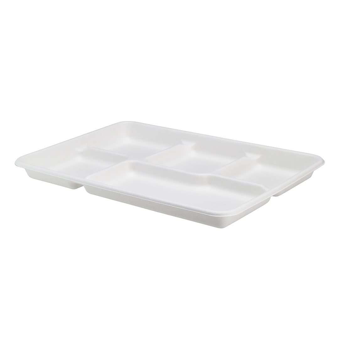 Pulp Tek Rectangle White Sugarcane / Bagasse Large Food Tray - 5 Compartments - 12 1/2" x 8 1/2" x 1" - 100 count box