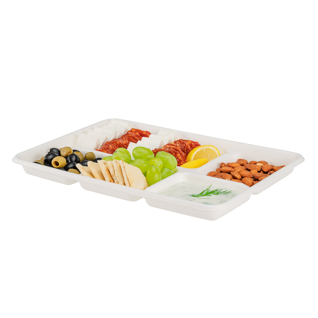 Pulp Tek Rectangle White Sugarcane / Bagasse Large Food Tray - 5 Compartments - 12 1/2" x 8 1/2" x 1" - 100 count box