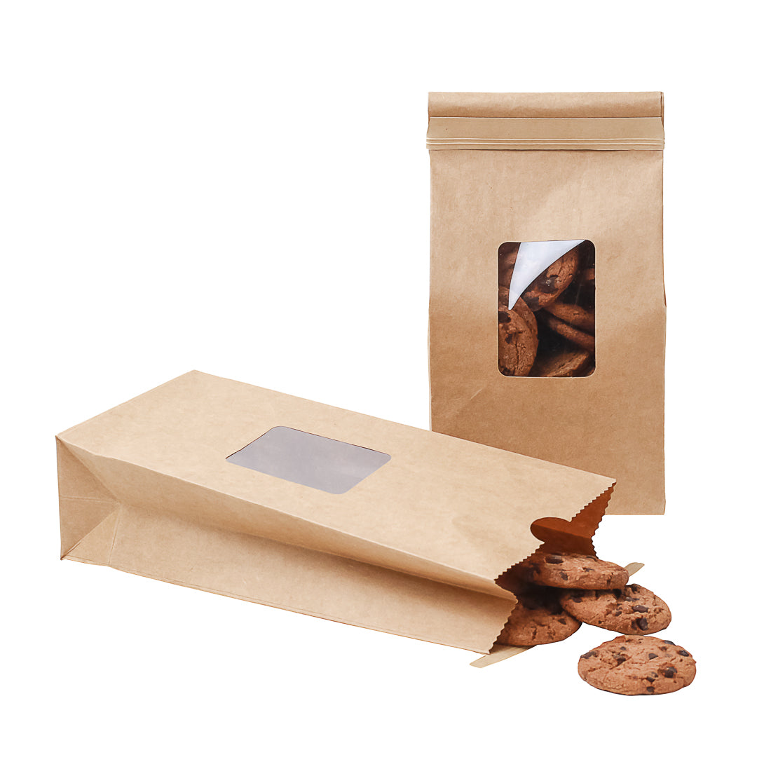 Bag Tek Kraft Paper Bakery / Coffee Tin Tie Bag - with Window - 4 3/4" x 2 1/2" x 9 3/4" - 100 count box