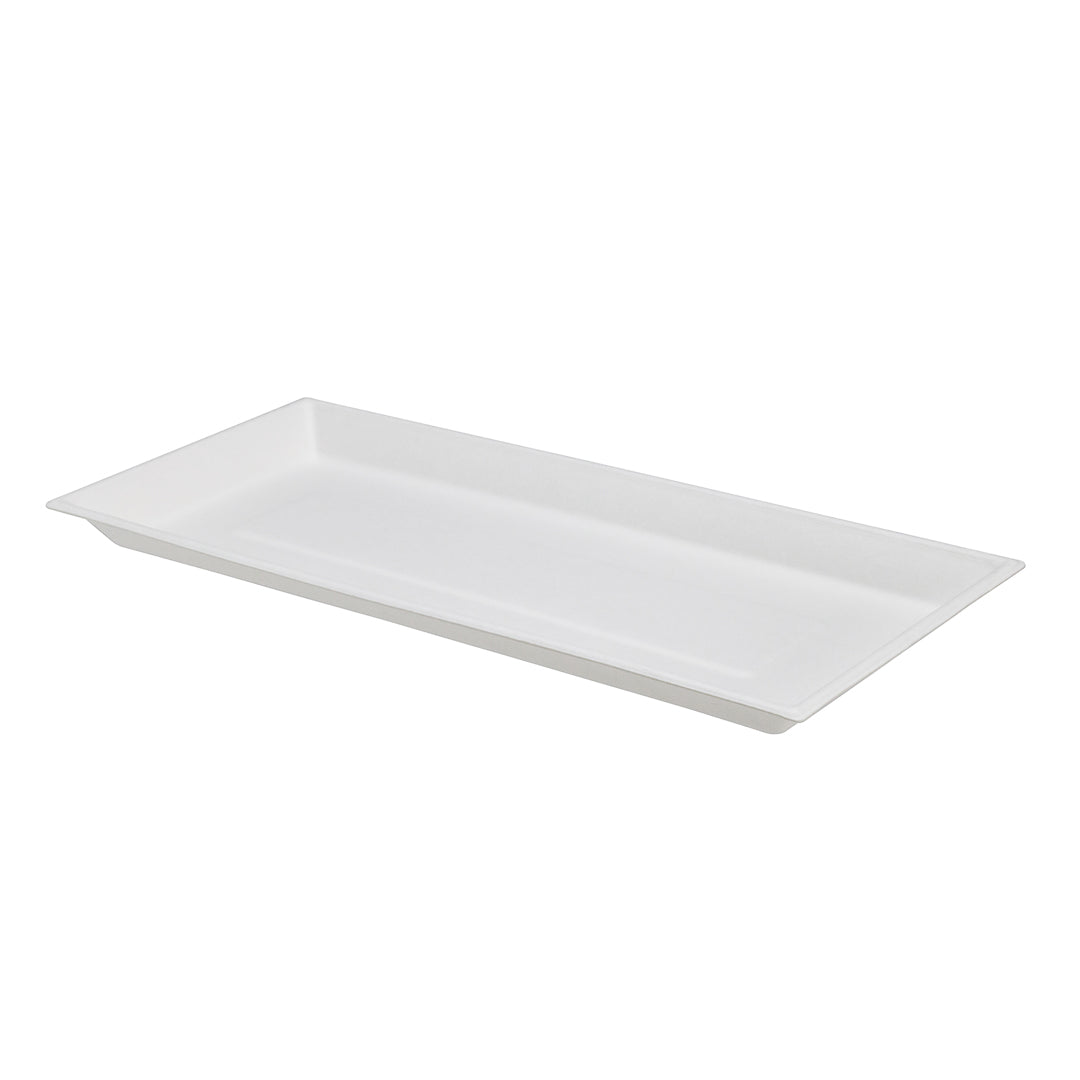 Pulp Tek Rectangle White Sugarcane / Bagasse Modern Plate - 9 1/2" x 4 1/4" x 1/2" - 100 count box