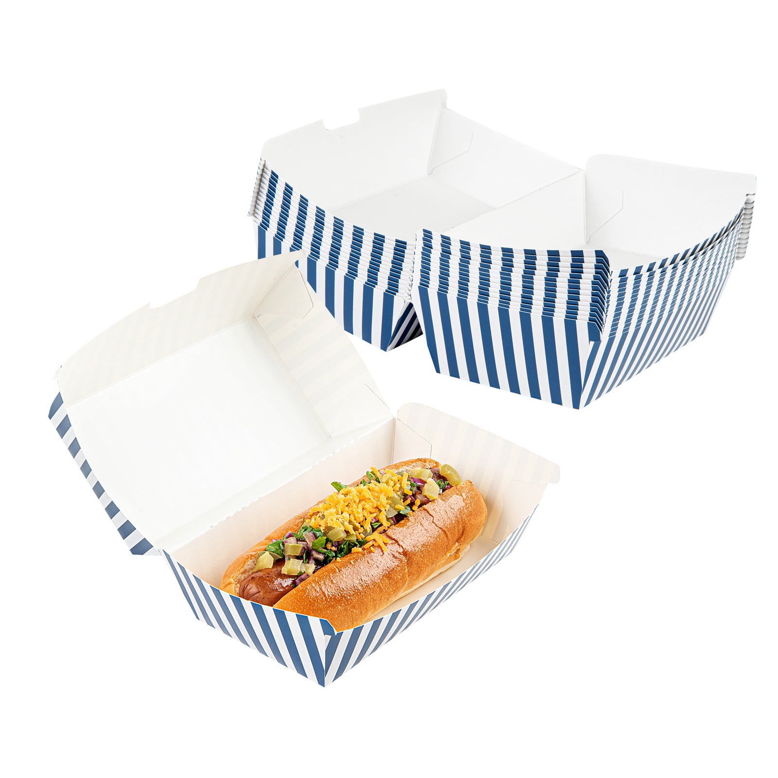 Bio Tek Rectangle Blue and White Stripe Paper Hot Dog / Sandwich Clamshell Container - 6 3/4" x 3 1/2" x 3 1/2" - 100 count box