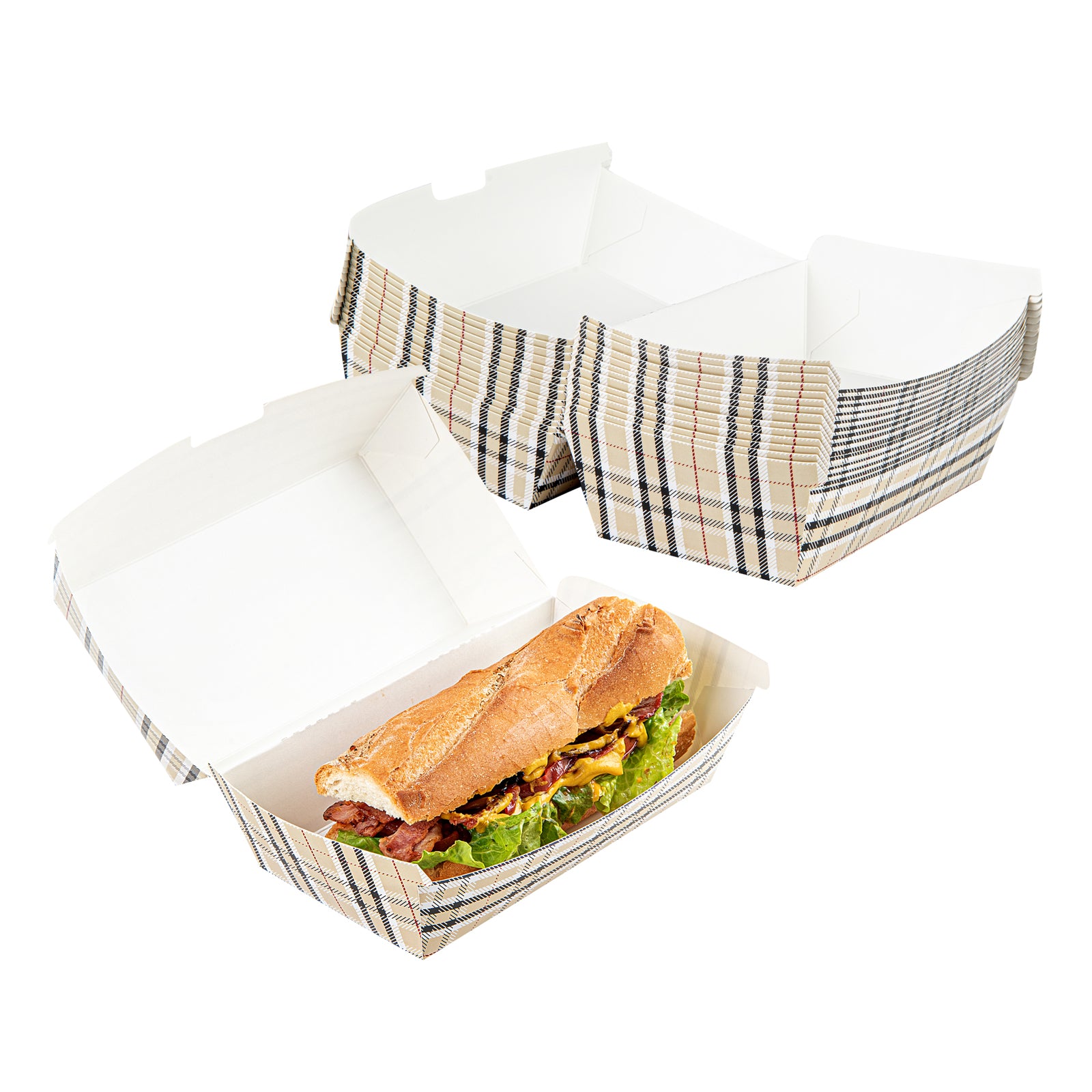 Bio Tek Rectangle Plaid Paper Hot Dog / Sandwich Clamshell Container - 6 3/4" x 3 1/2" x 3 1/2" - 100 count box