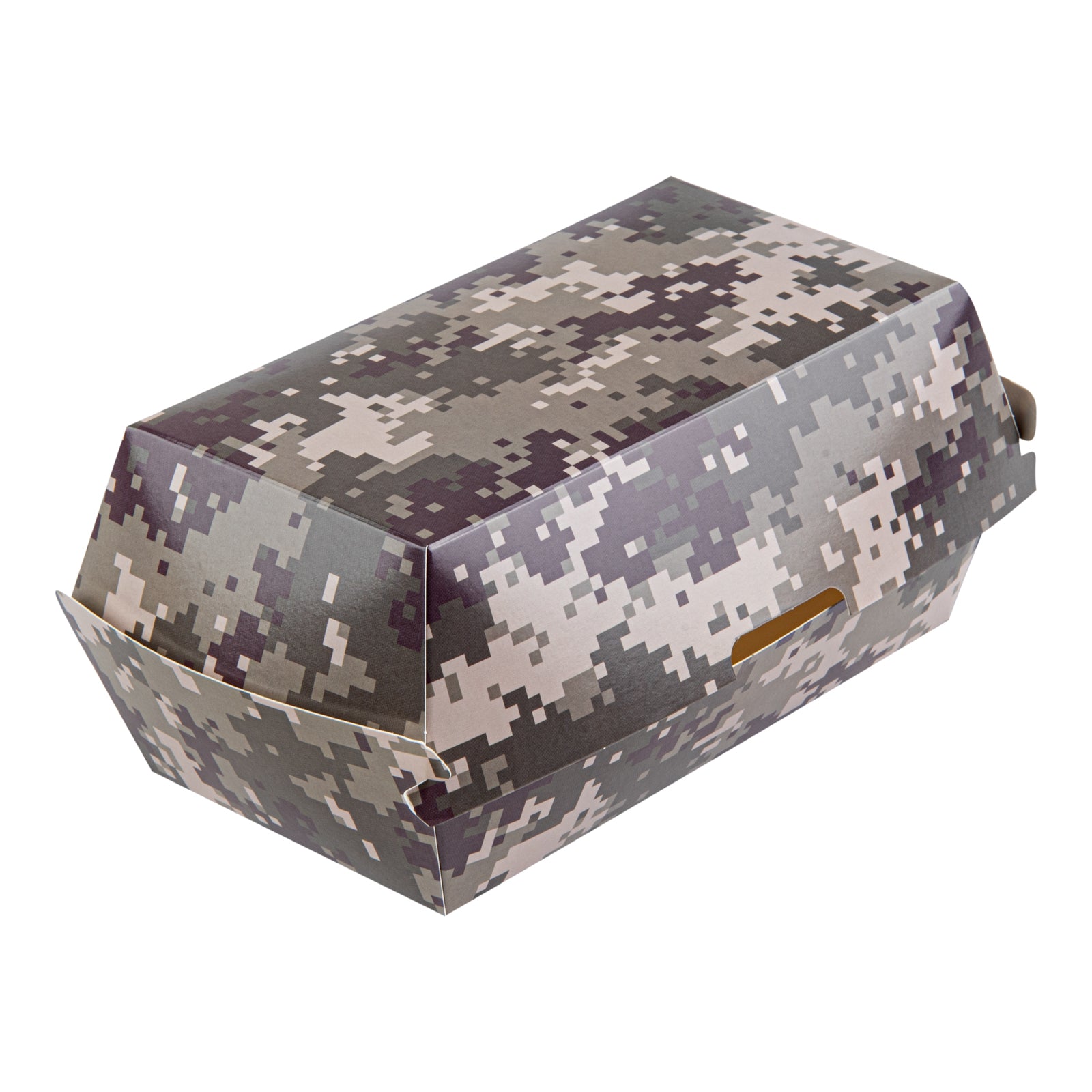 Bio Tek Rectangle Camouflage Paper Hot Dog / Sandwich Clamshell Container - 6 3/4" x 3 1/2" x 3 1/2" - 100 count box