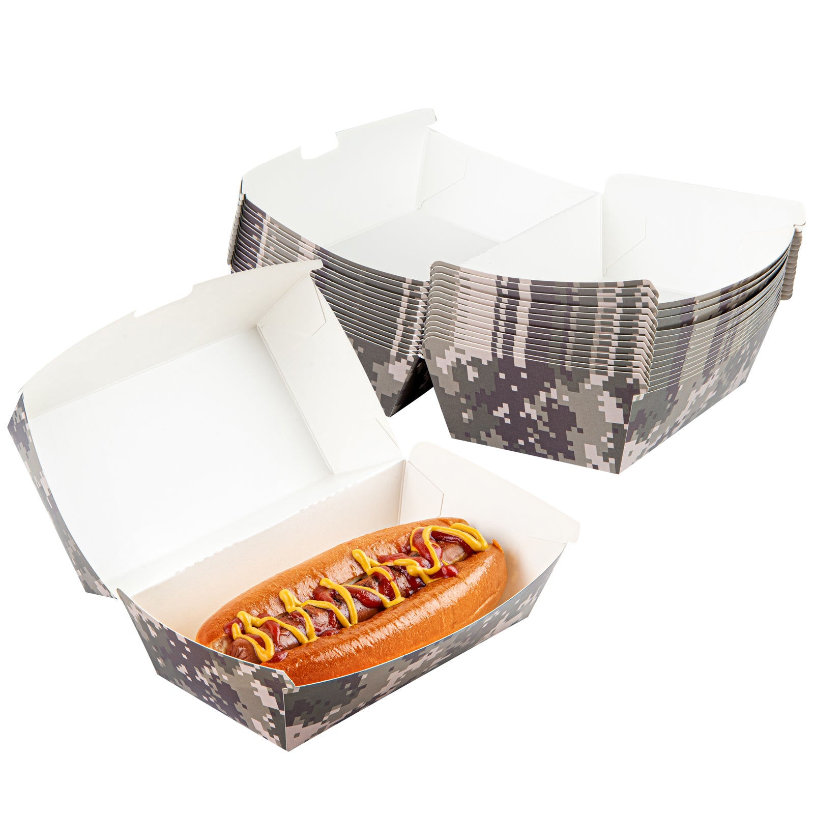 Bio Tek Rectangle Camouflage Paper Hot Dog / Sandwich Clamshell Container - 6 3/4" x 3 1/2" x 3 1/2" - 100 count box