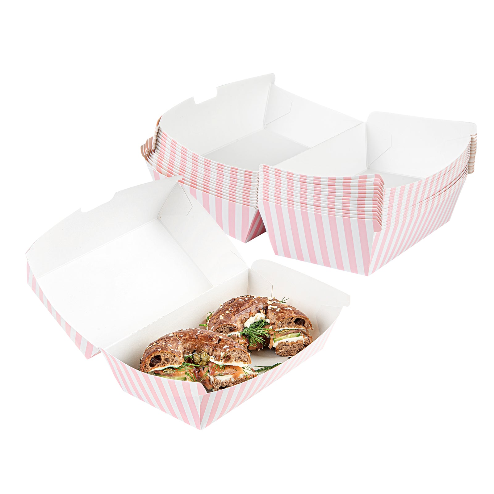 Bio Tek Rectangle Pink and White Stripe Paper Hot Dog / Sandwich Clamshell Container - 6 3/4" x 3 1/2" x 3 1/2" - 100 count box