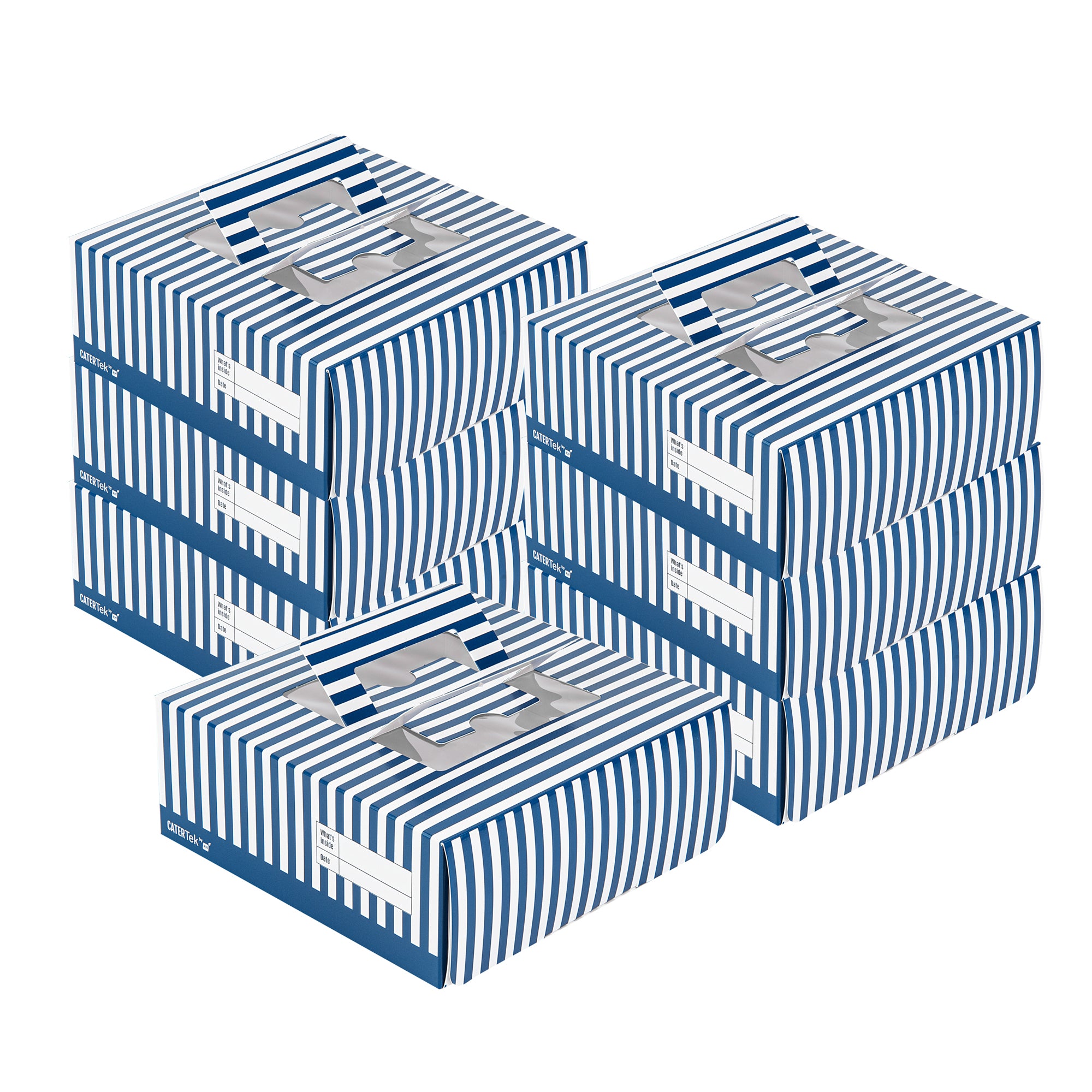 Cater Tek Square Blue and White Stripe Paper Cake / Lunch Box - with Pop-Up Handle, Window - 9" x 9" x 3 1/2" - 50 count box