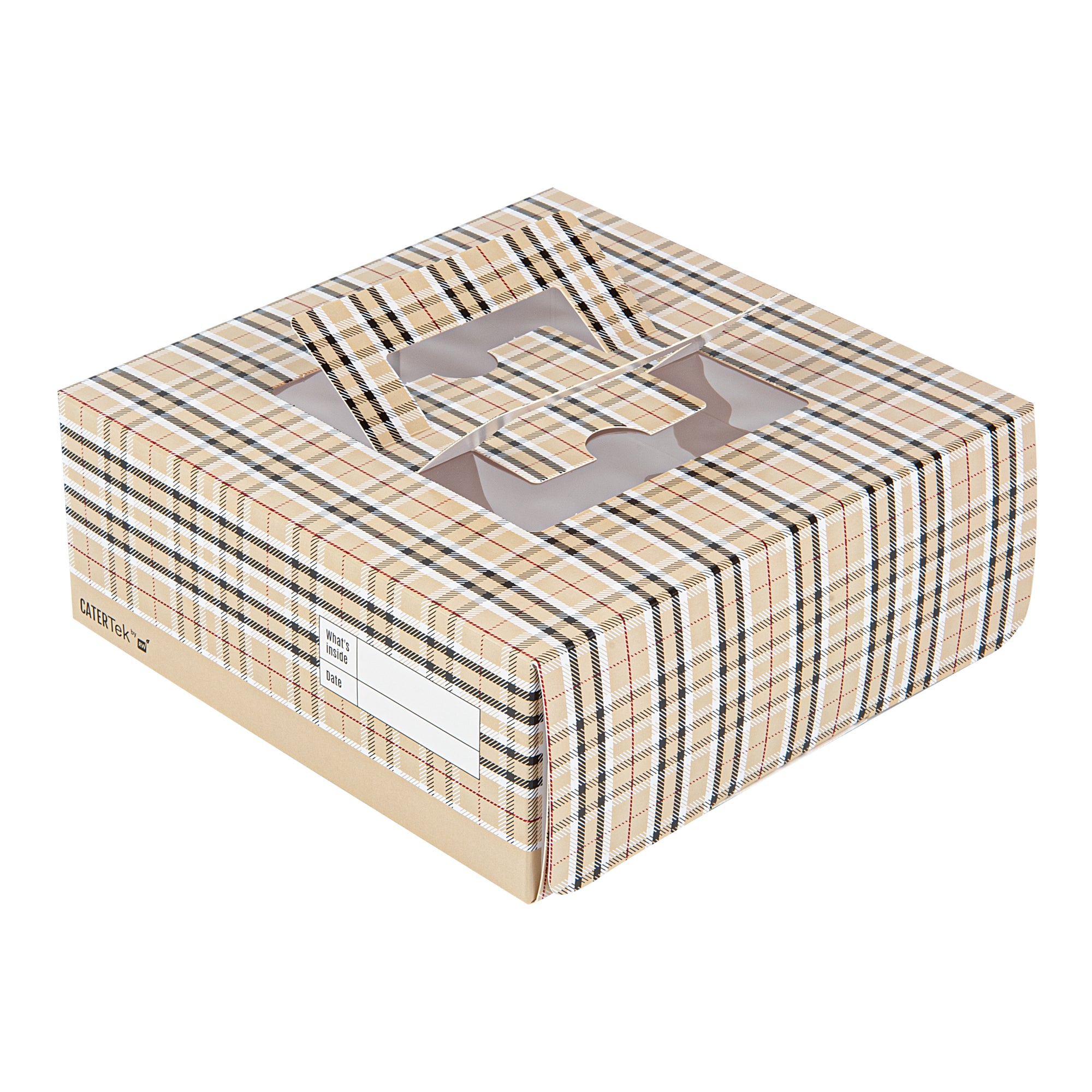 Cater Tek Square Plaid Paper Cake / Lunch Box - with Pop-Up Handle, Window - 9" x 9" x 3 1/2" - 50 count box