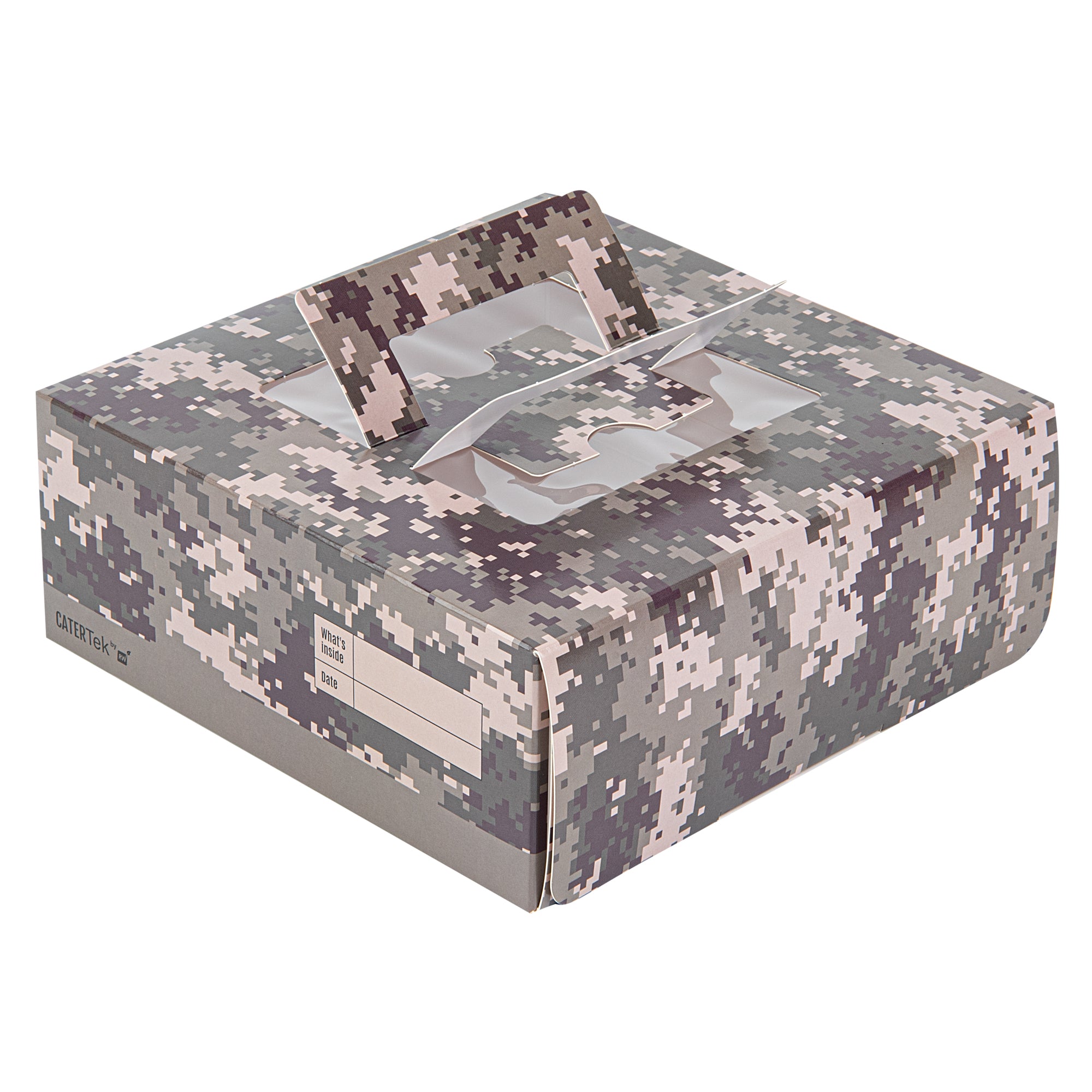 Cater Tek Square Camouflage Paper Cake / Lunch Box - with Pop-Up Handle, Window - 9" x 9" x 3 1/2" - 50 count box