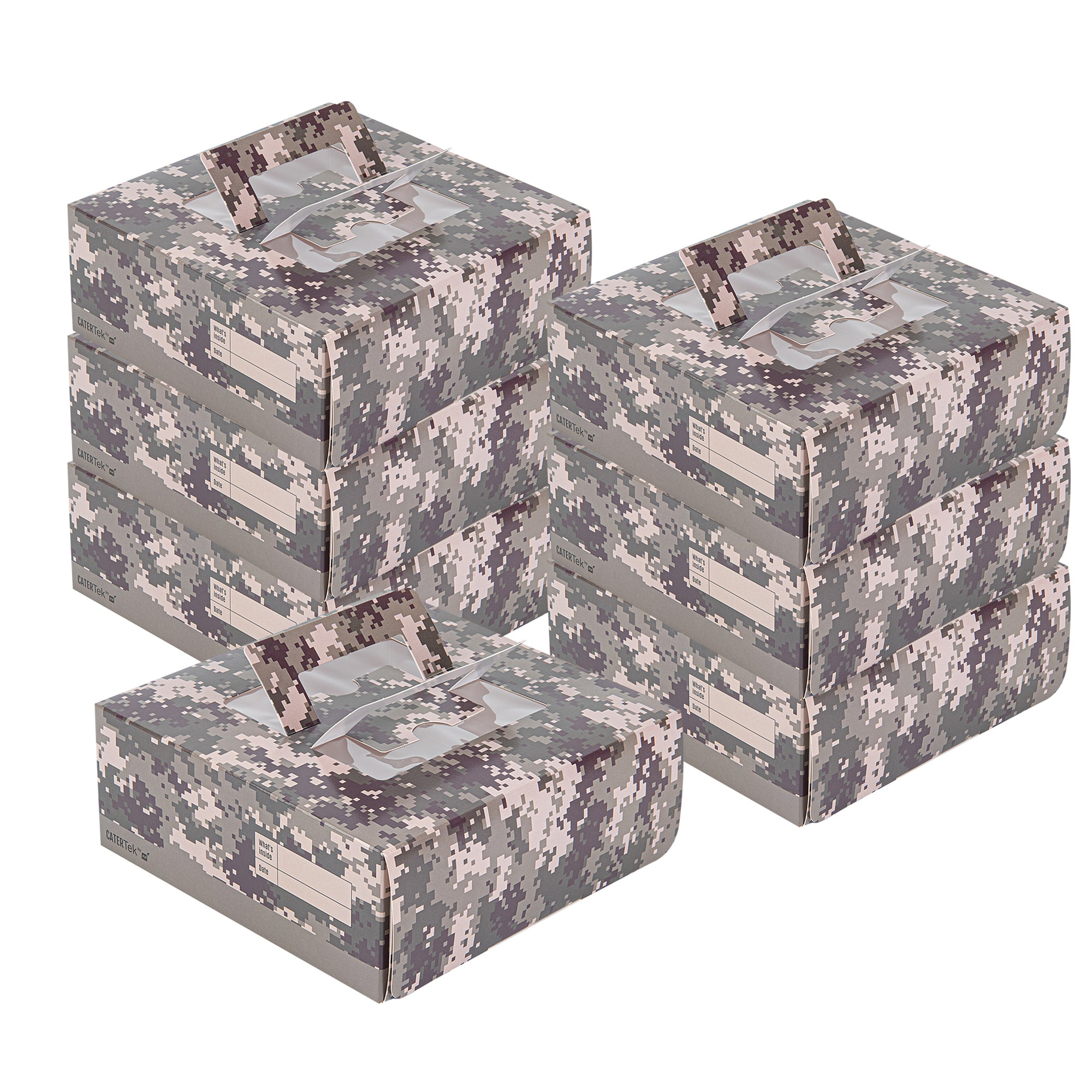 Cater Tek Square Camouflage Paper Cake / Lunch Box - with Pop-Up Handle, Window - 9" x 9" x 3 1/2" - 50 count box