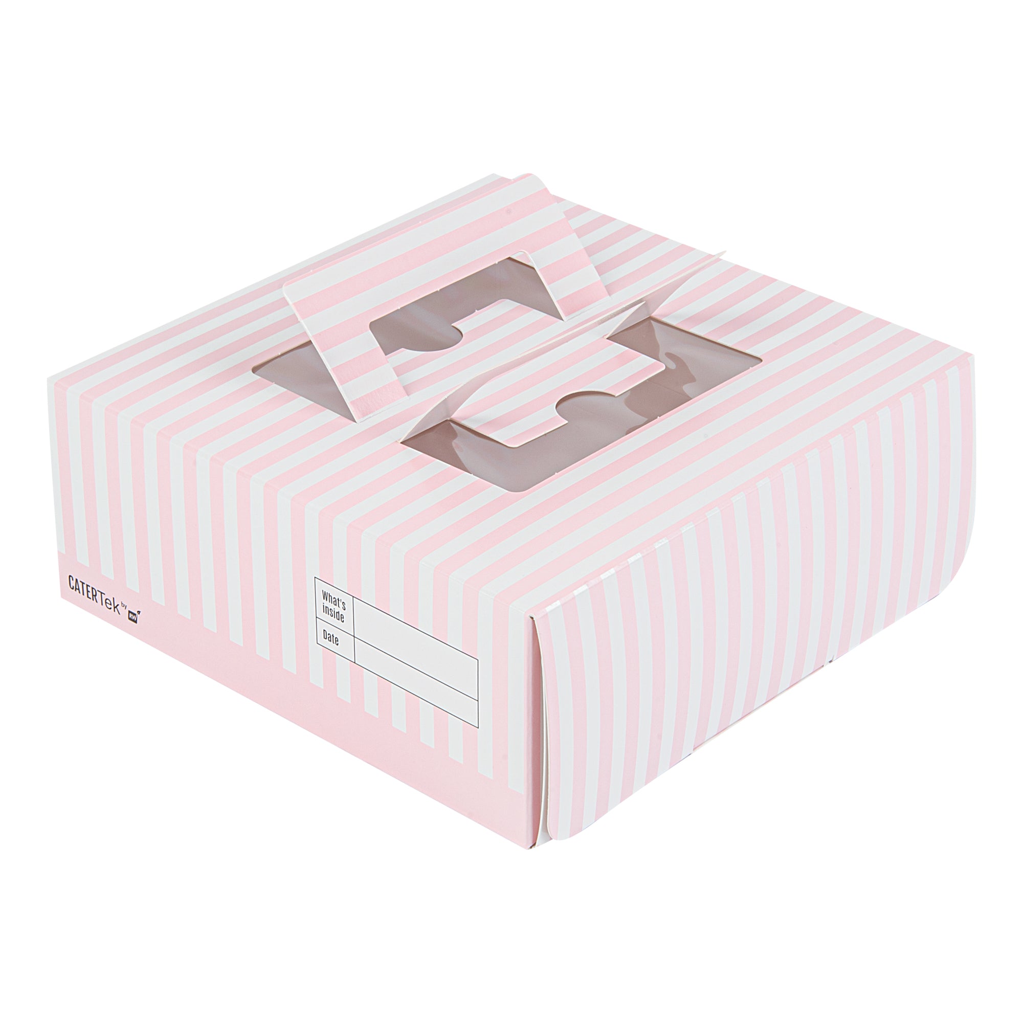 Cater Tek Square Pink and White Stripe Paper Cake / Lunch Box - with Pop-Up Handle, Window - 9" x 9" x 3 1/2" - 50 count box